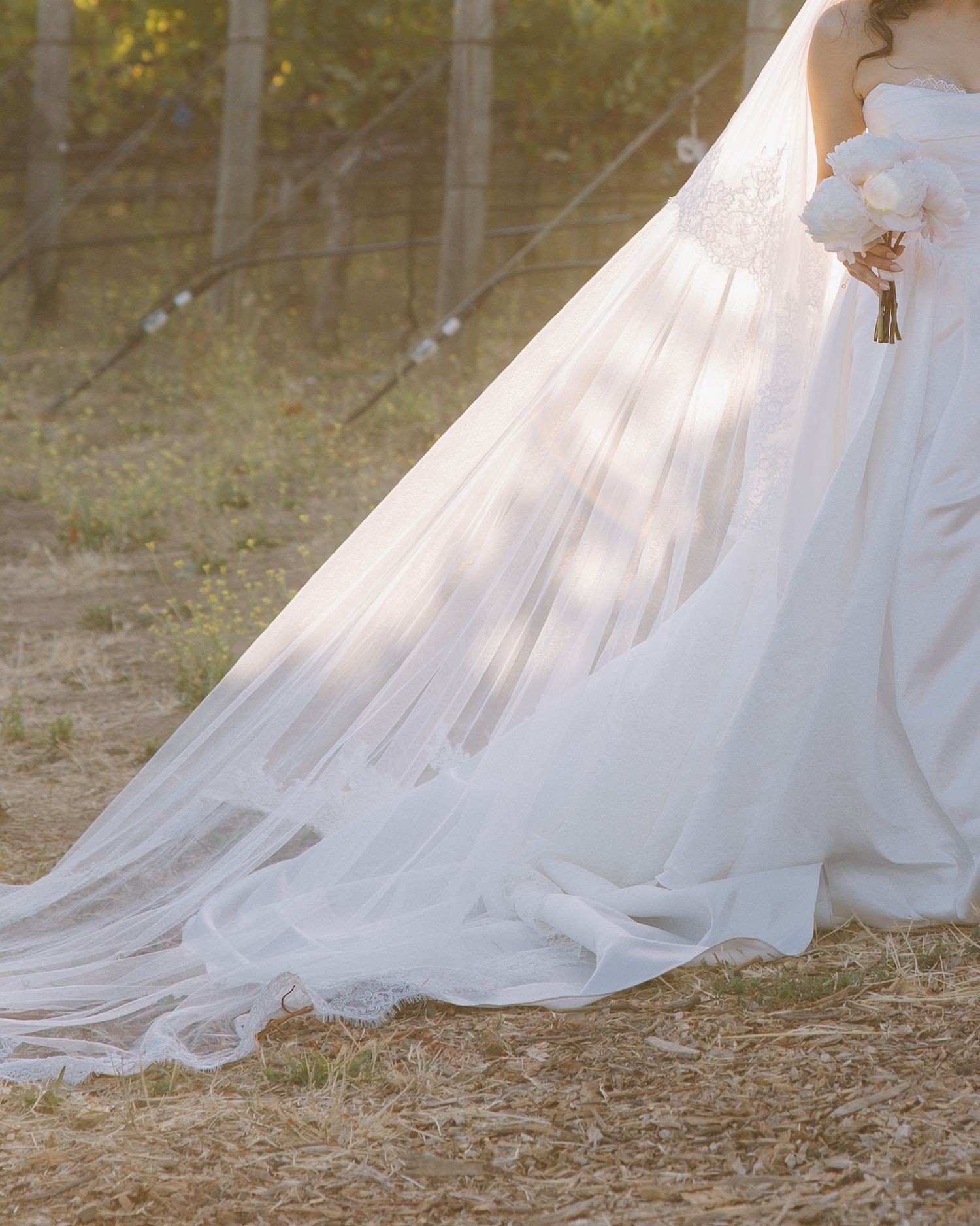 Bride in flowing white ball gown with long train standing in sunlit field holding bouquet at Bernardus Lodge in Carmel Valley, CA.