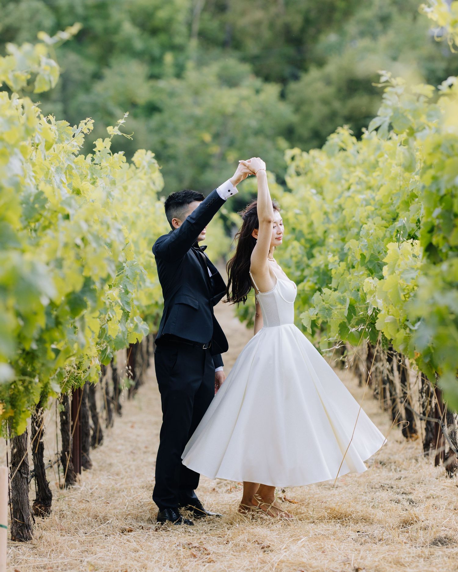Couple dances joyfully between rows of grapevines in a vineyard, bride in tea-length white dress at Elliston Vineyards in Sunol, California.