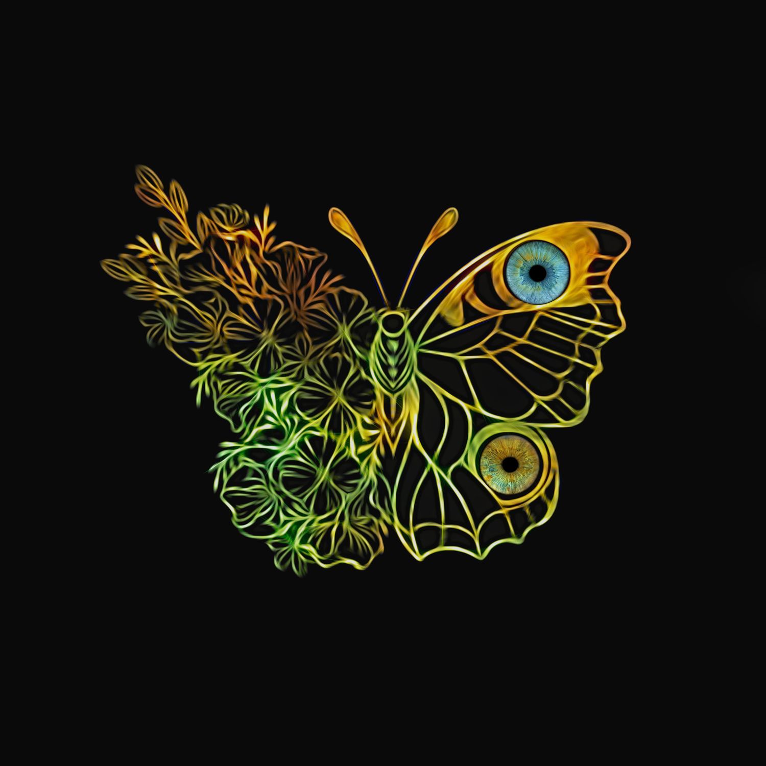 Glowing butterfly artwork combining green foliage wings with two realistic human eyes on black background.