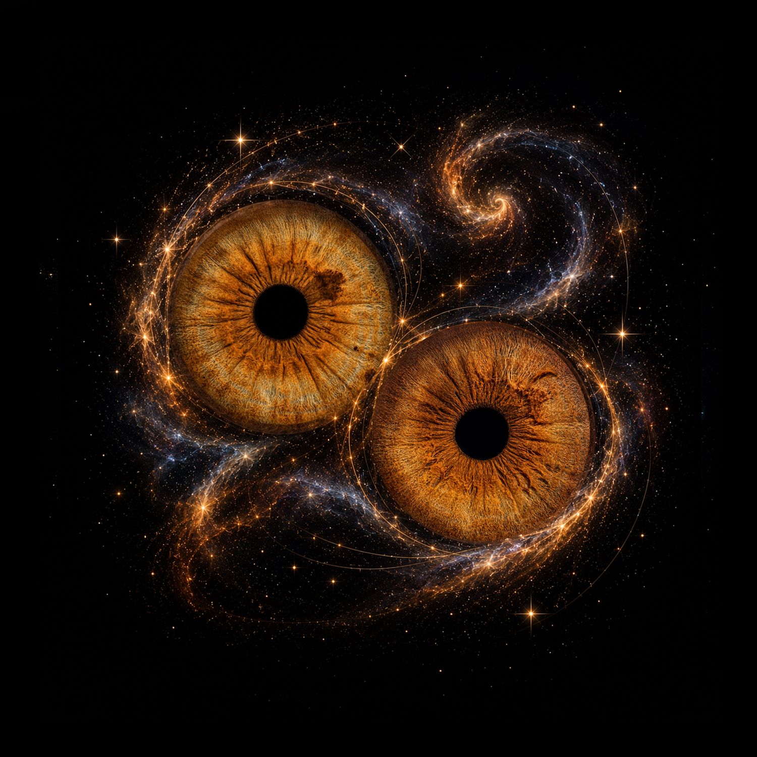Two glowing amber human eyes surrounded by cosmic galaxy swirls and golden stars on black background.