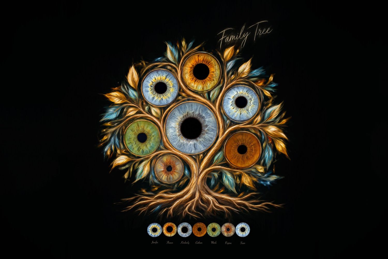 Family Tree illustration with nine diverse human irises on ornate golden tree with color swatch options below.