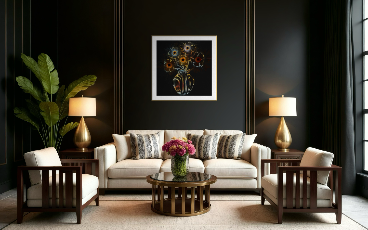 Elegant living room with dark walls featuring surrealist eye-flower artwork above a white sofa.