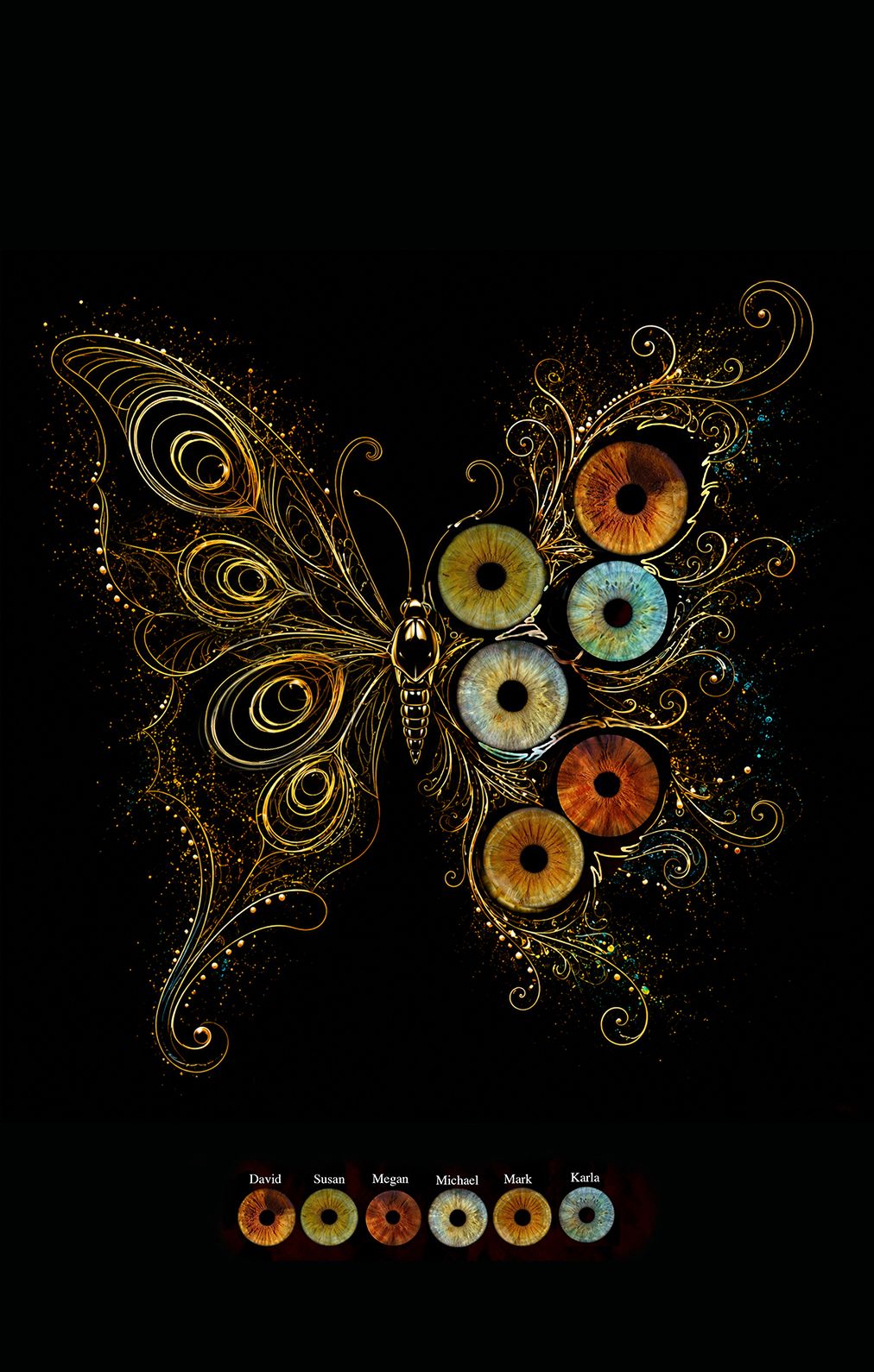 Ornate golden butterfly with six realistic human iris eyes embedded in decorative filigree wings. Artistic iris photography transformed into