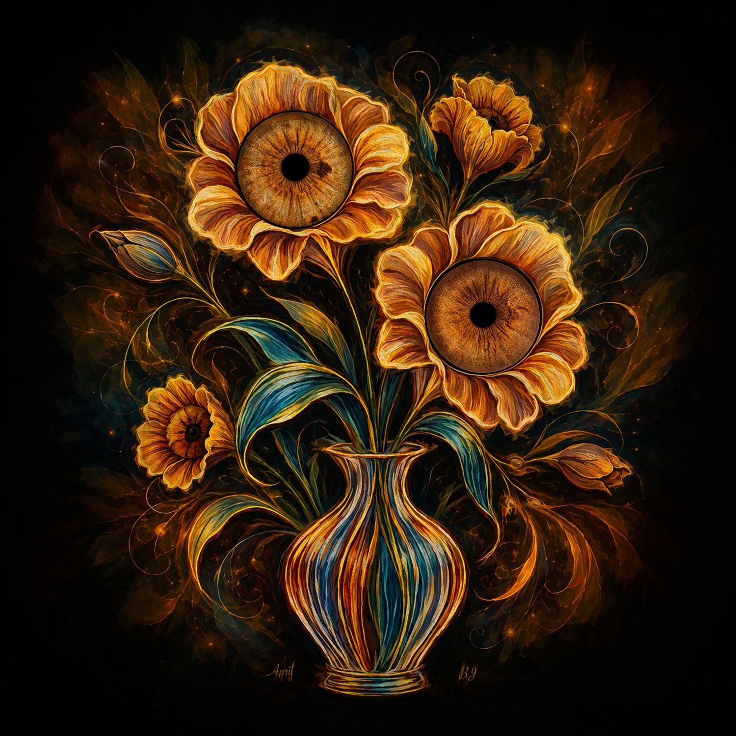 Ornate golden eye-flowers in a striped vase with swirling dark background, surrealist art. Custom floral iris wall art created in Houston TX