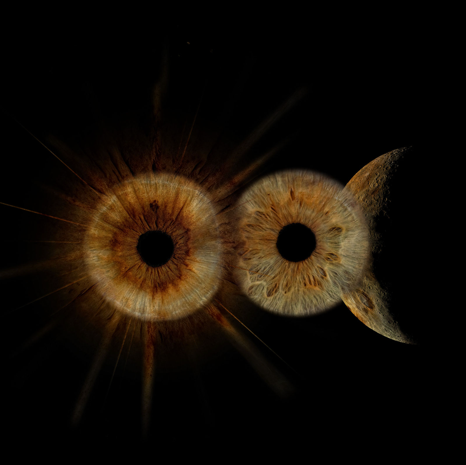 Two amber human eyes with glowing irises on black background, one surrounded by fiery rays and the other beside a crescent moon.