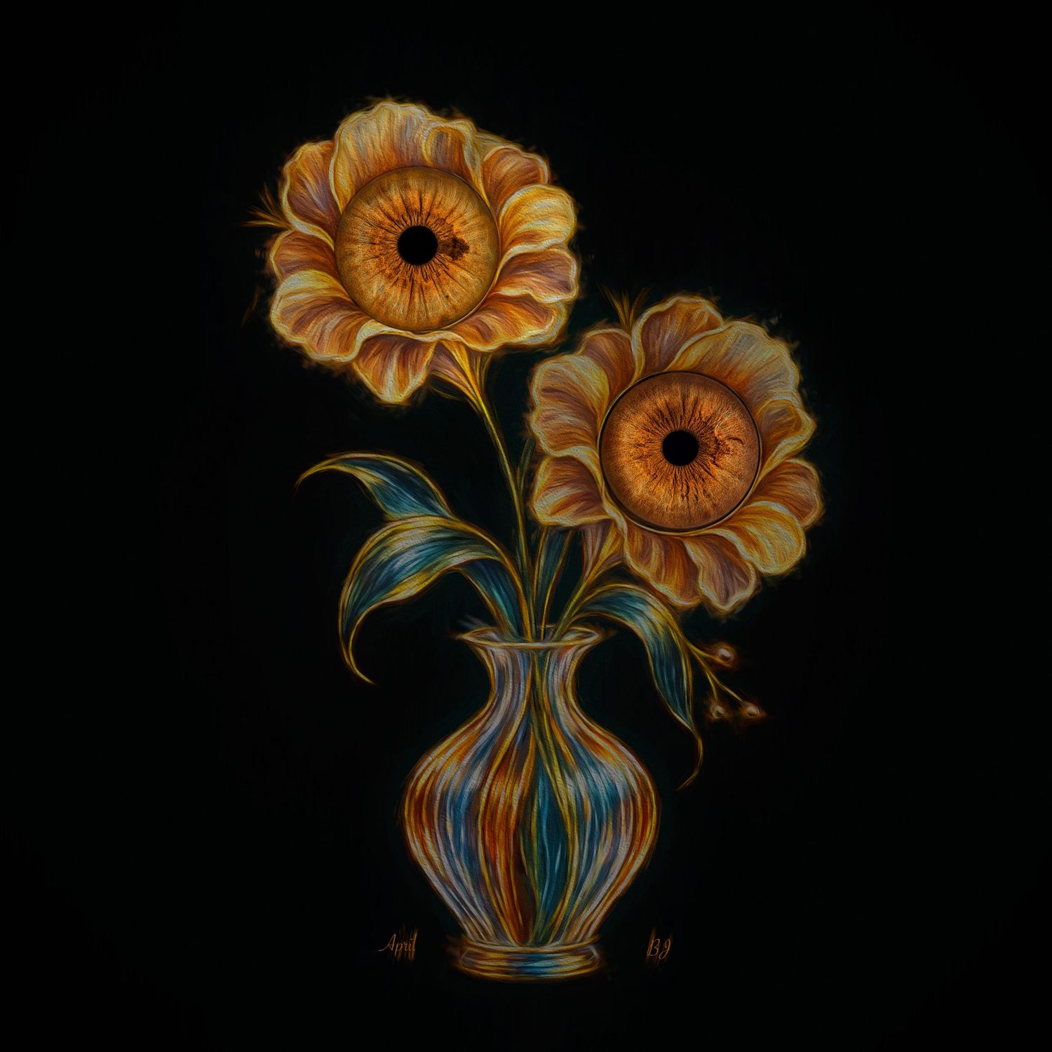 Unique iris artwork combining eye photography with an artistic floral design