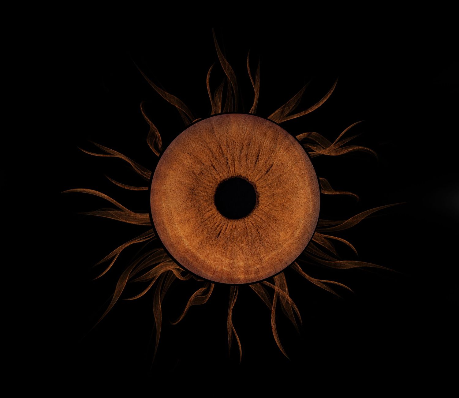 A dark amber human eye with flame-like rays radiating outward resembling a sun on black background.