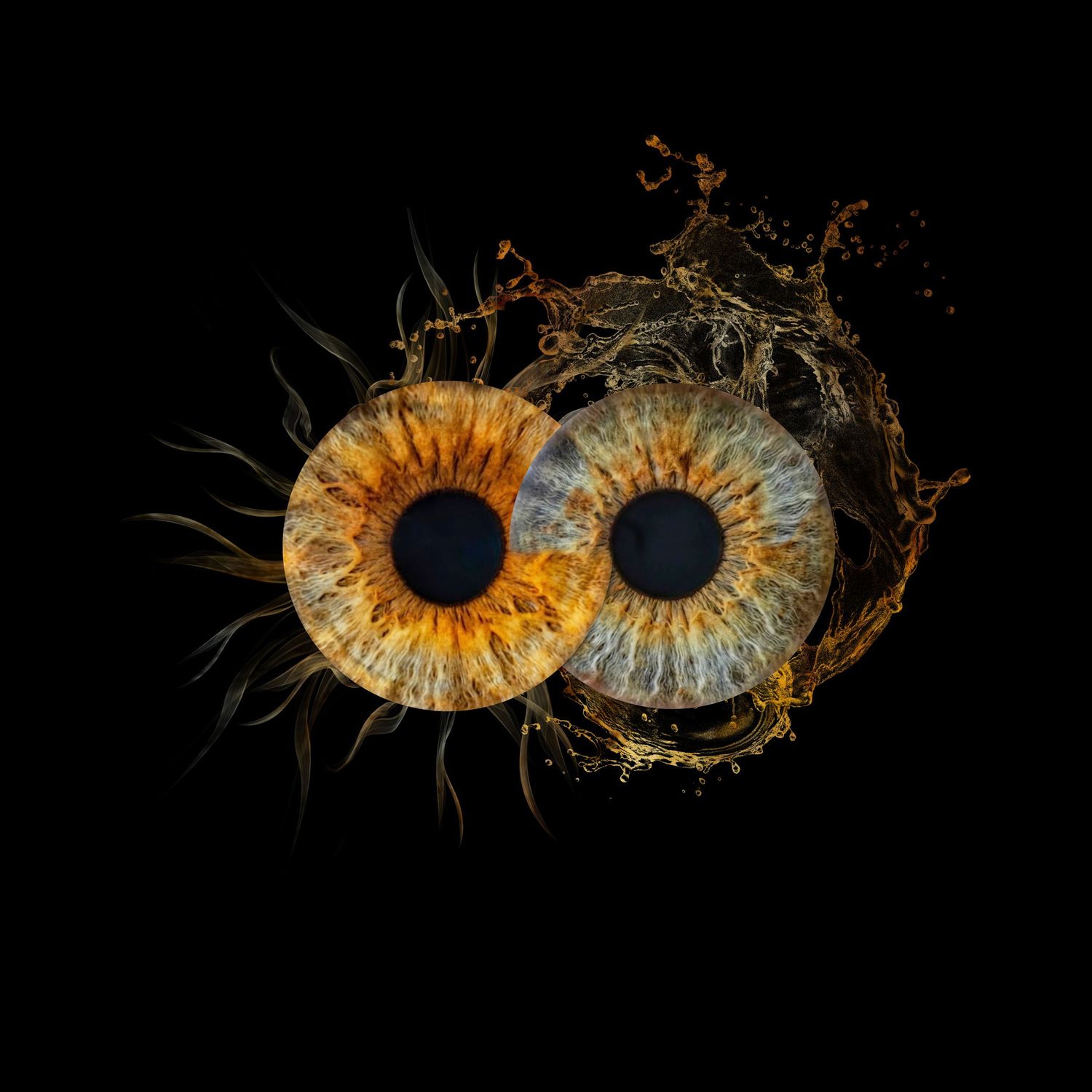 Two golden-amber human irises surrounded by water splashes and organic elements on black background.