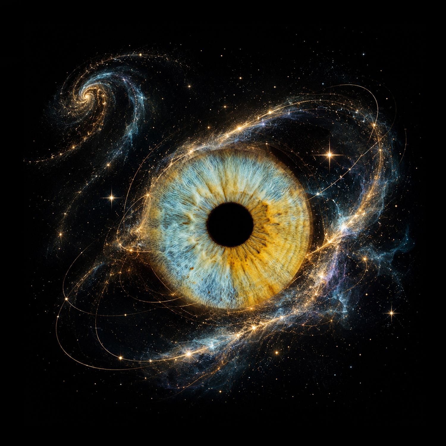 A cosmic human eye surrounded by glowing galaxy spirals and golden stars on black background.