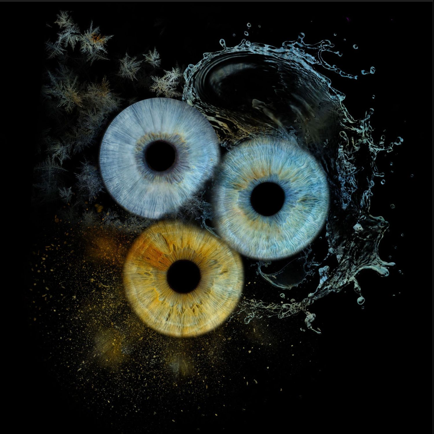 Three human eyes with blue and amber irises in a cosmic water splash on dark background.