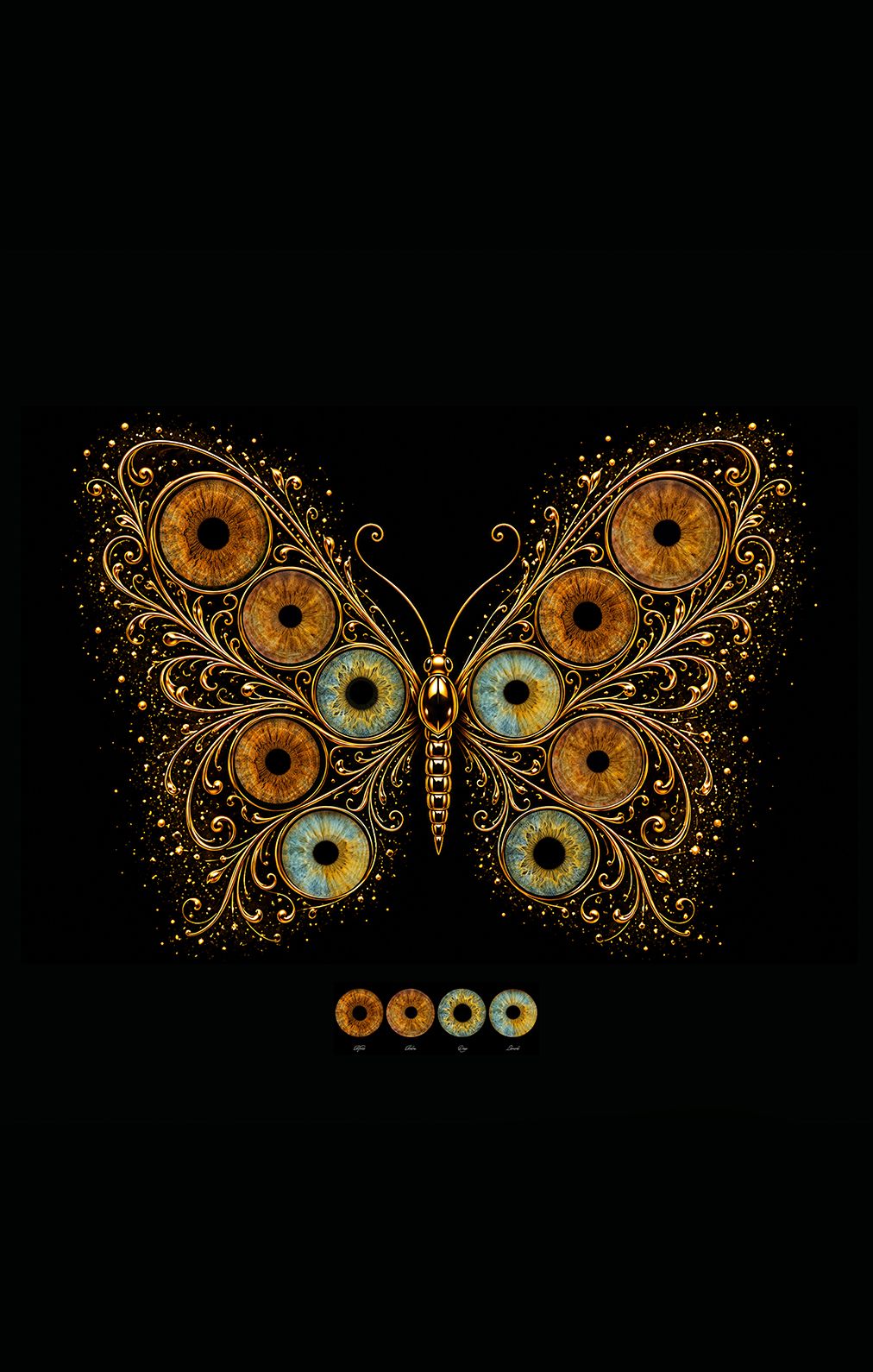 Golden butterfly artwork with ornate filigree wings made of detailed human eyes on black background. Houston Tx
