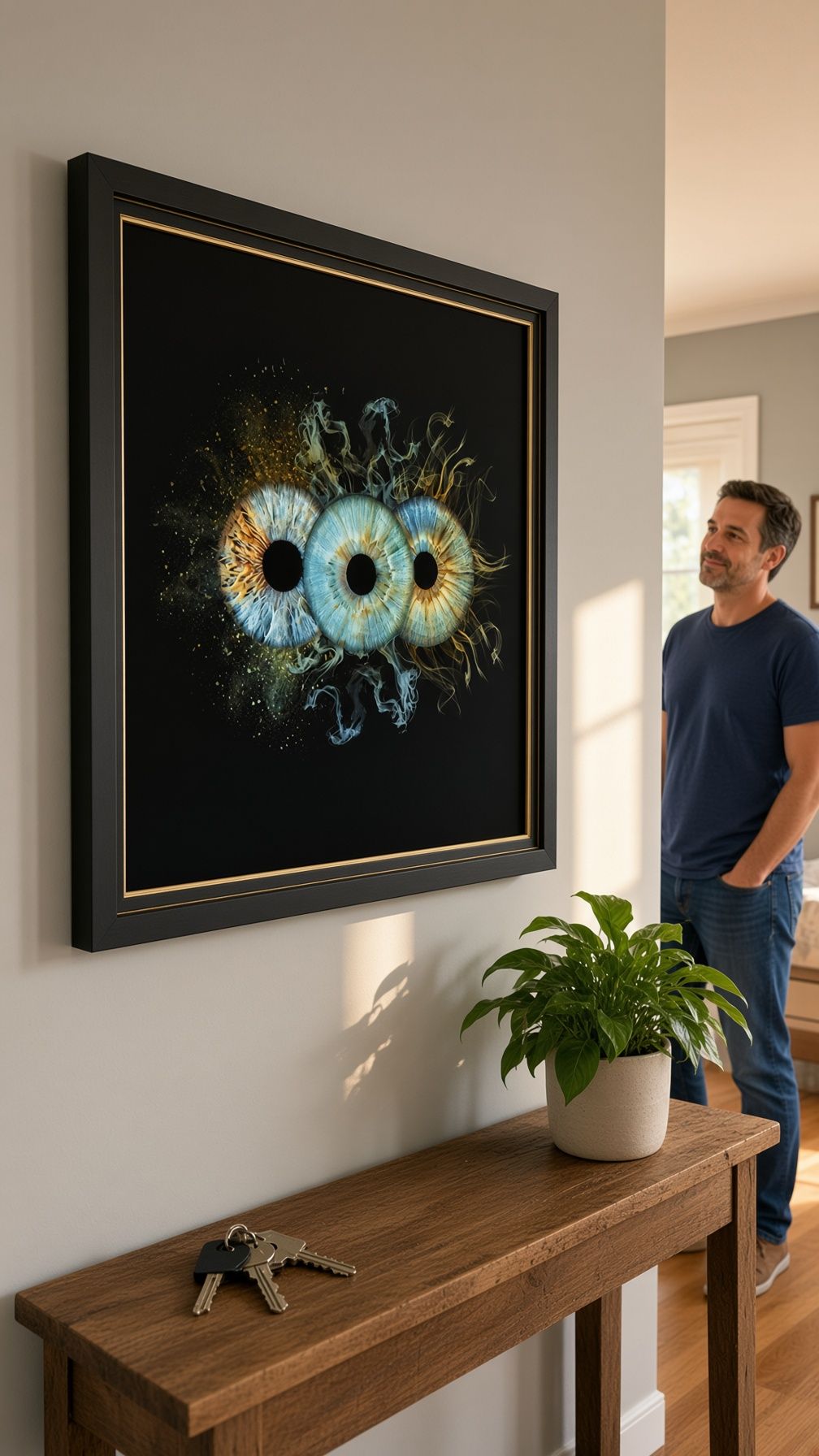 Large framed blue and gold macro iris photography art displayed in bright modern home entryway hallway.