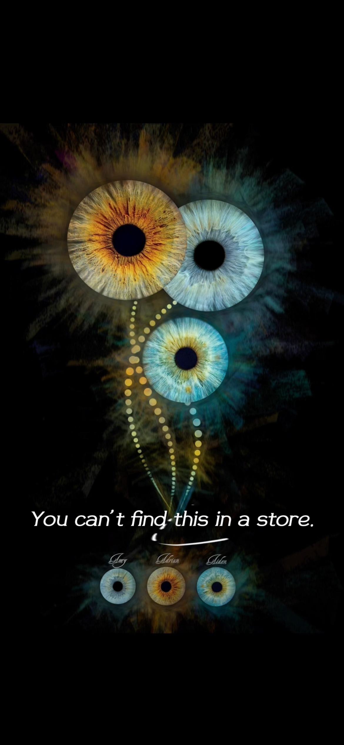 Artistic arrangement of three family irises as flowers on dark background with You cant find this in a store text.