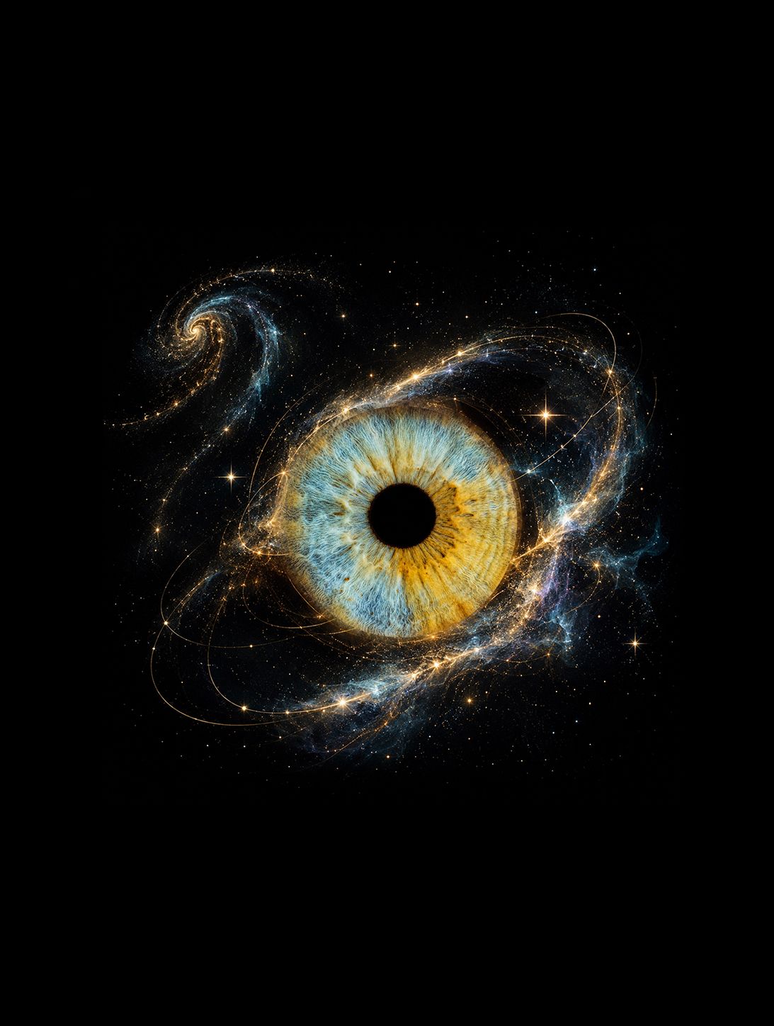 Digital art illustration of a blue and gold human eye with cosmic galaxy and stardust on black background.