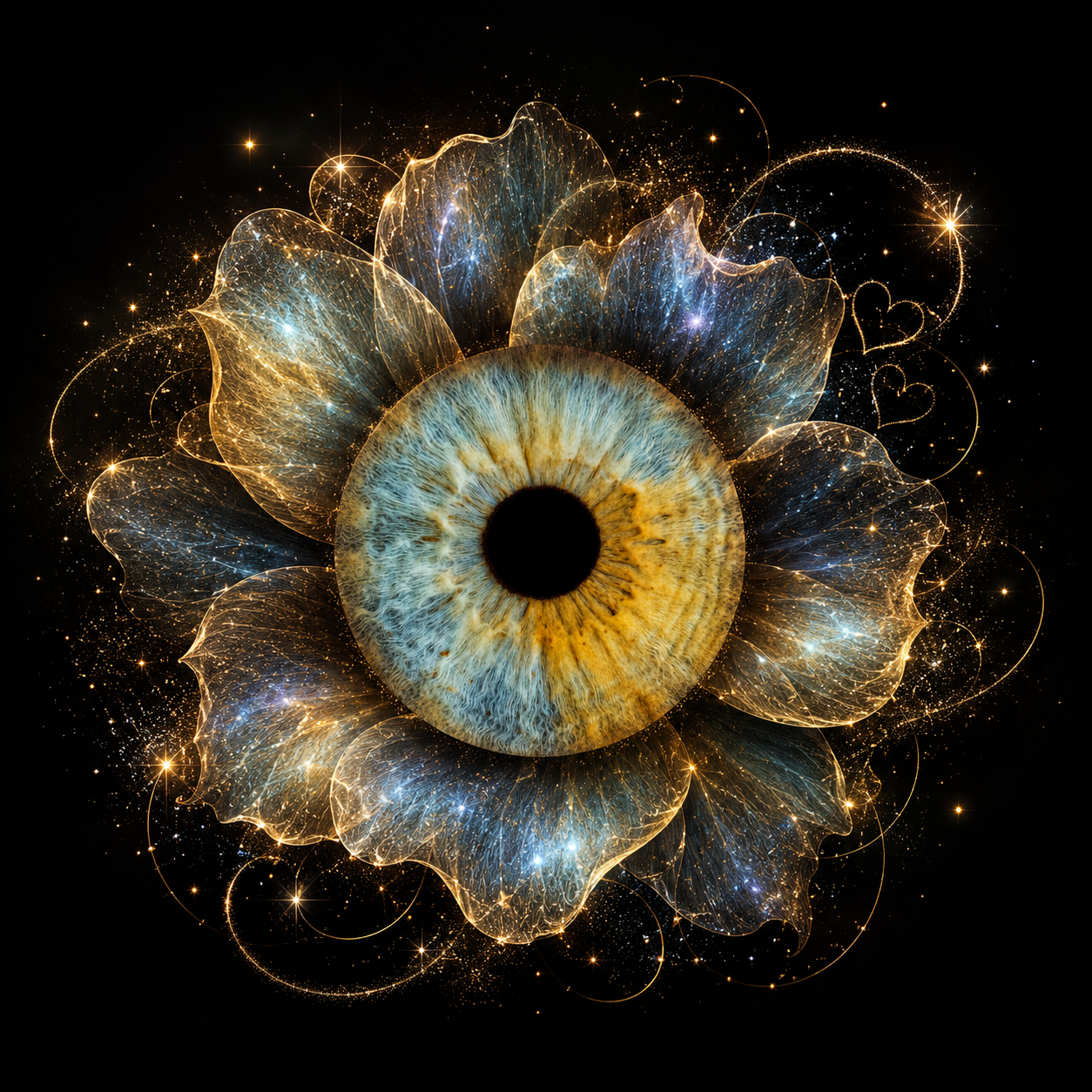 Unique iris artwork combining eye photography with an artistic floral design