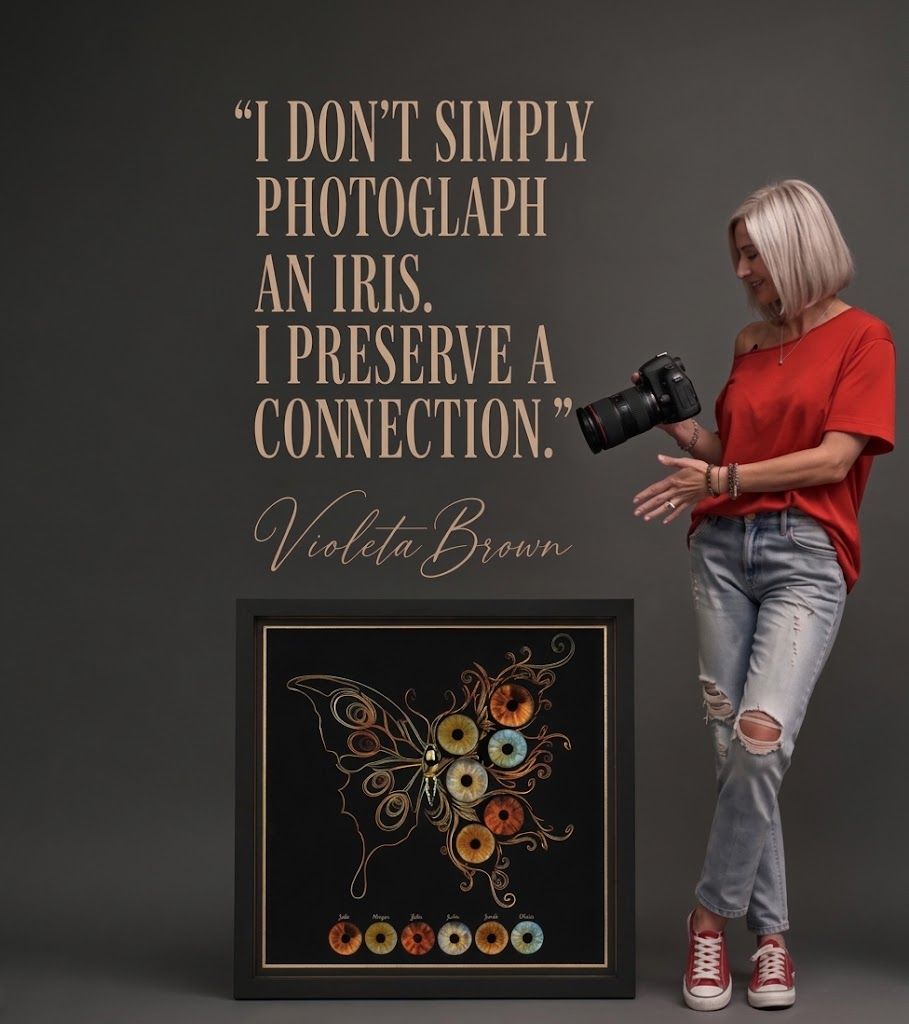 Violeta Brown holding camera beside butterfly iris art with quote about preserving connections through iris photography.