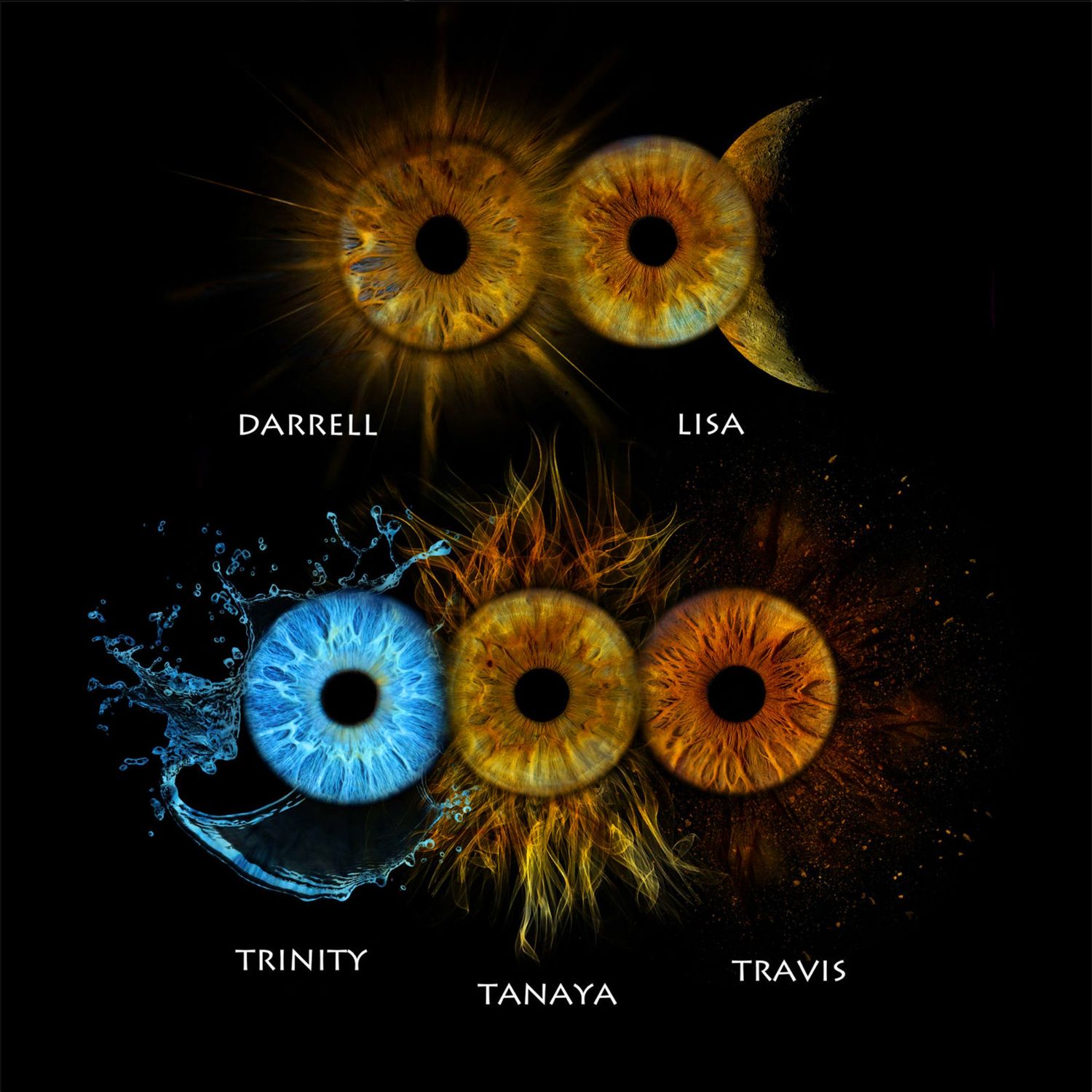 Five labeled human iris macro photos with fire and water effects on dark background.