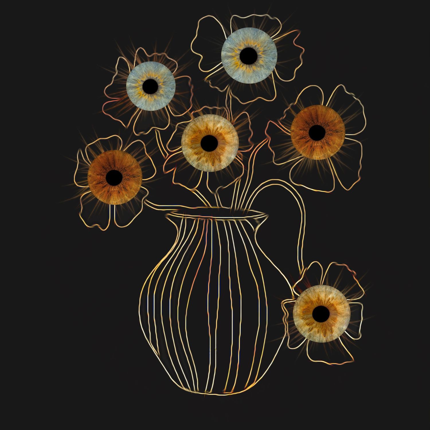 Minimalist line art vase with five surrealist flowers featuring realistic human eye centers.