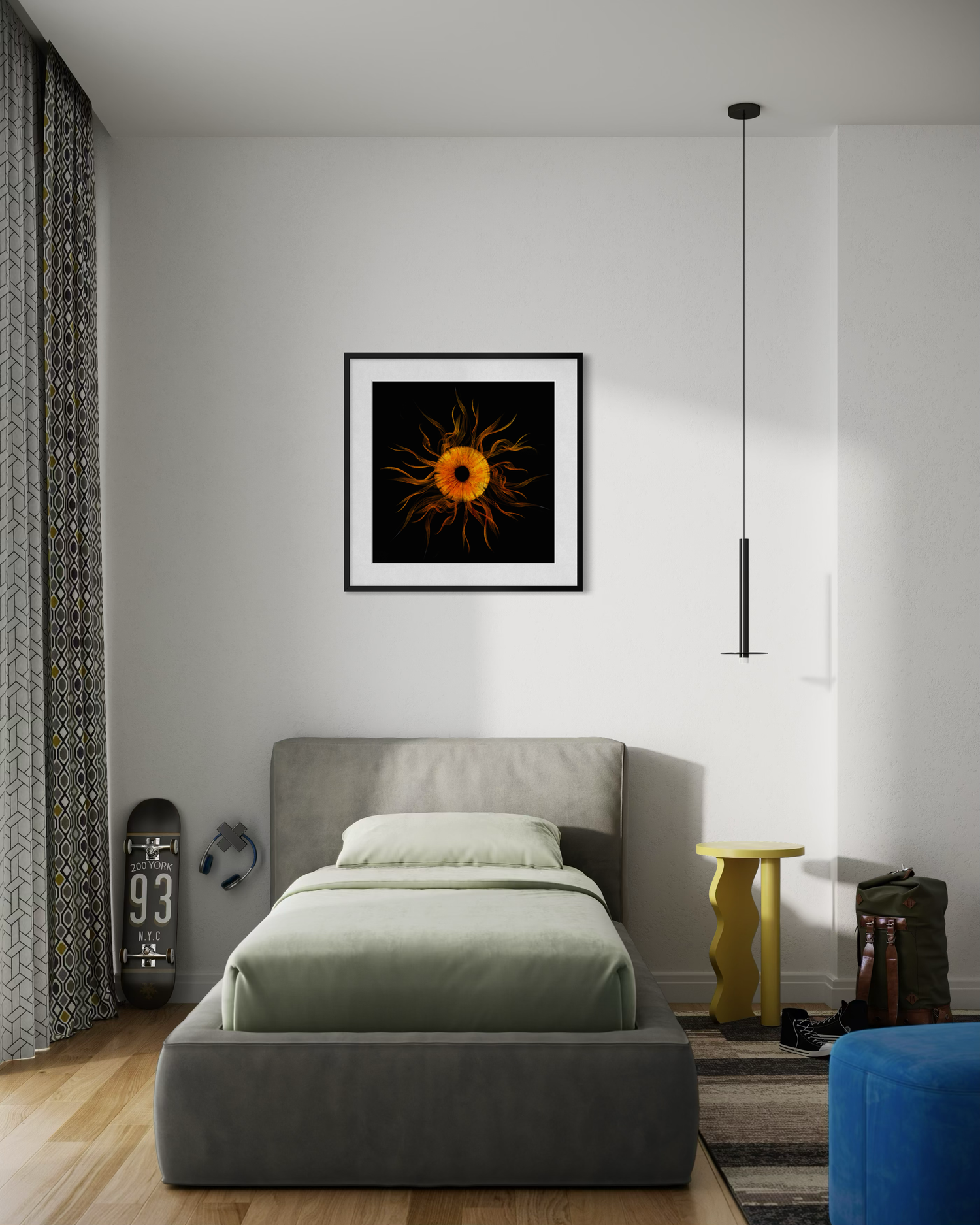 Framed orange eye sunburst artwork hanging above a green bed in a modern minimalist bedroom.