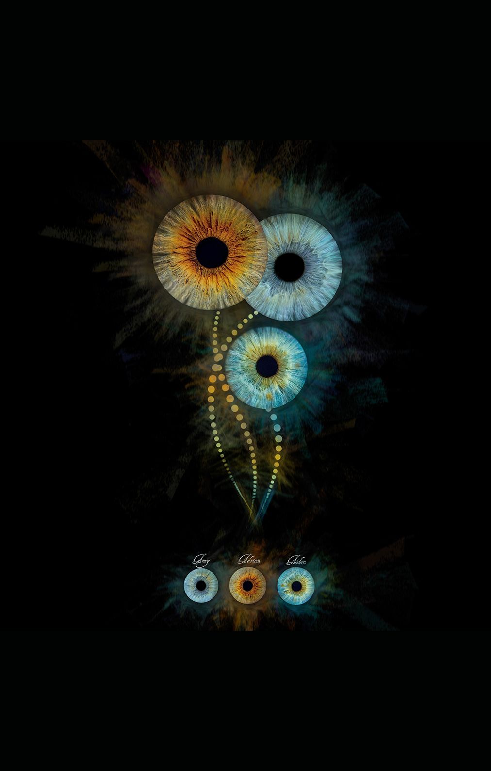 Three large realistic human eyes arranged vertically with golden dotted stems forming a floral shape on black.
