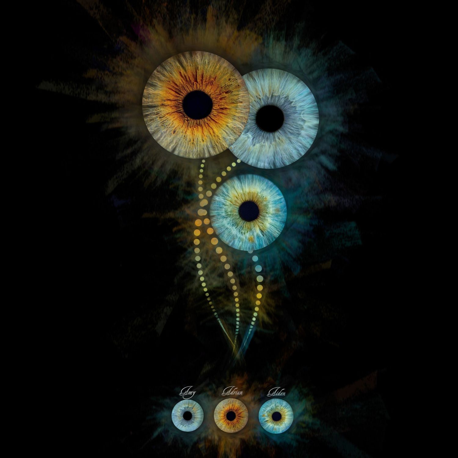 Three human eyes arranged as flowers on a dotted stem with color swatches below on black.