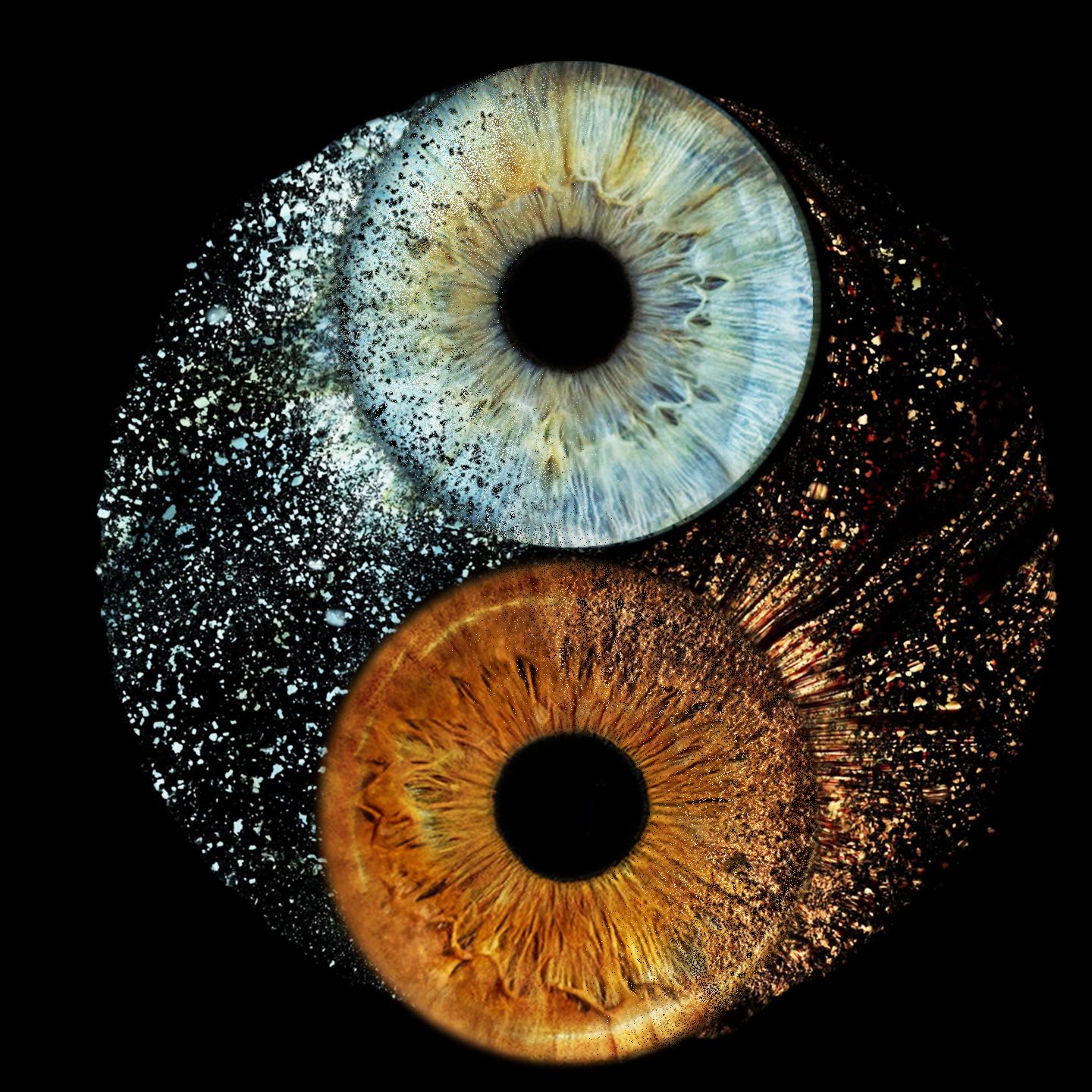 Two human eyes arranged in yin-yang symbol, one blue with ice and one amber with fire on black background.