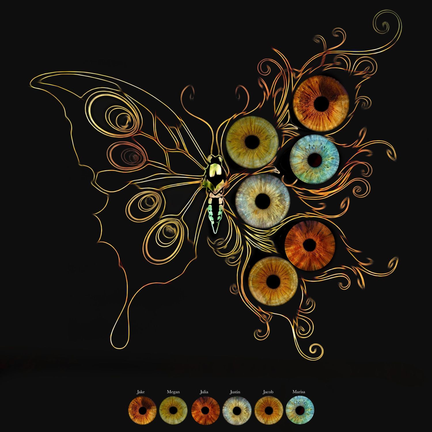 Golden butterfly artwork on black background featuring colorful human iris eyes as wing patterns.