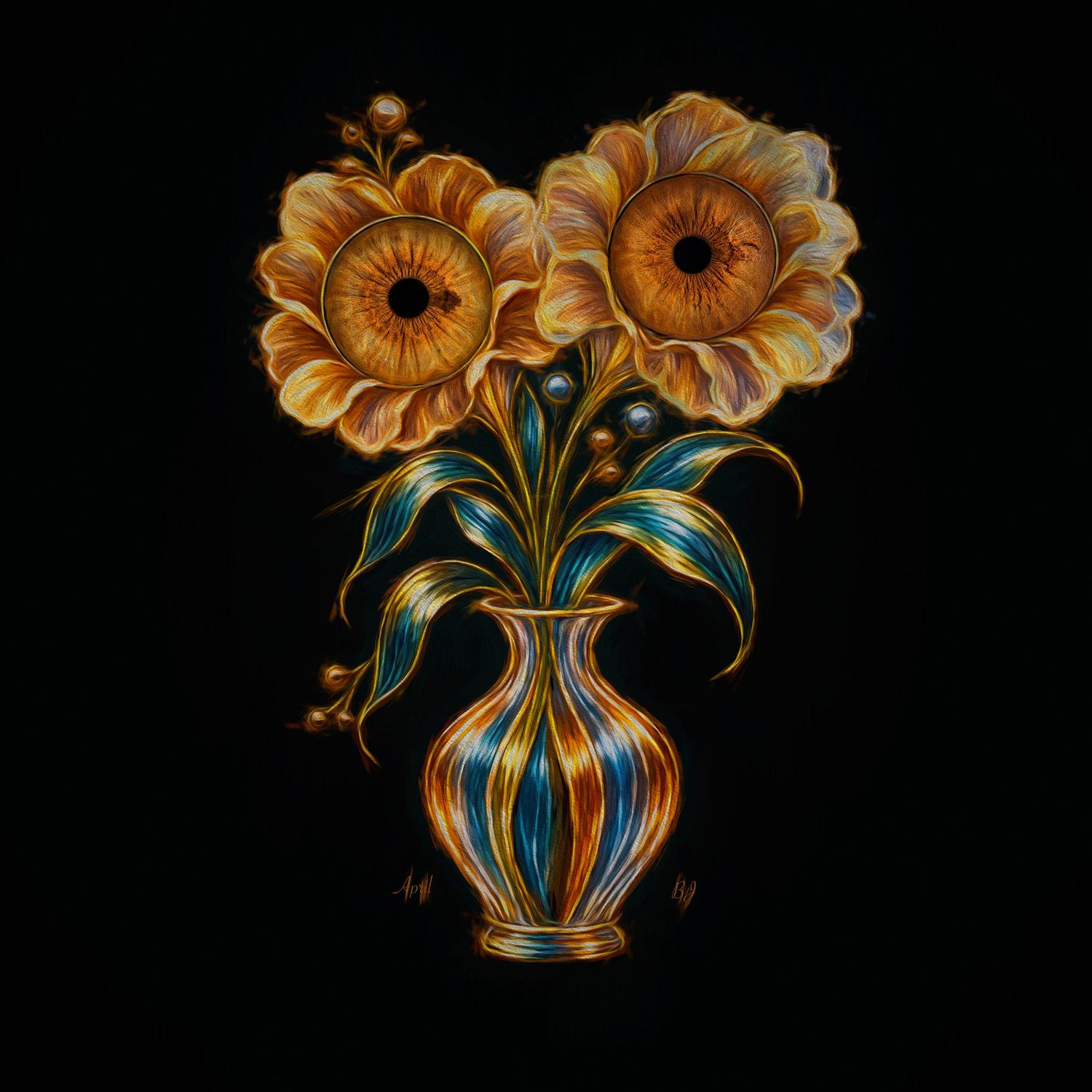 Golden flowers with human eye centers in a decorative vase, surrealist botanical art on black.