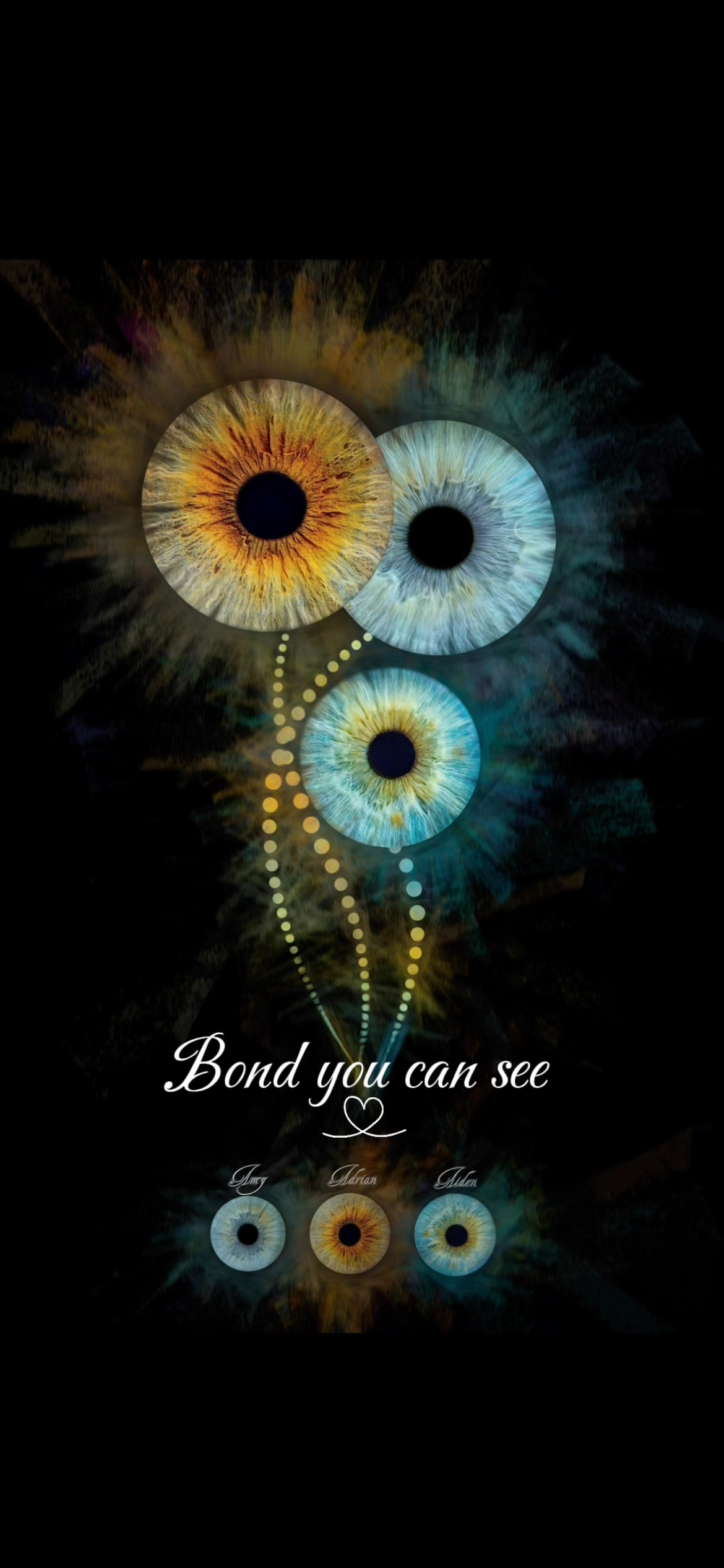 Artistic iris print showing three family members eyes arranged as flowers with Bond you can see text.