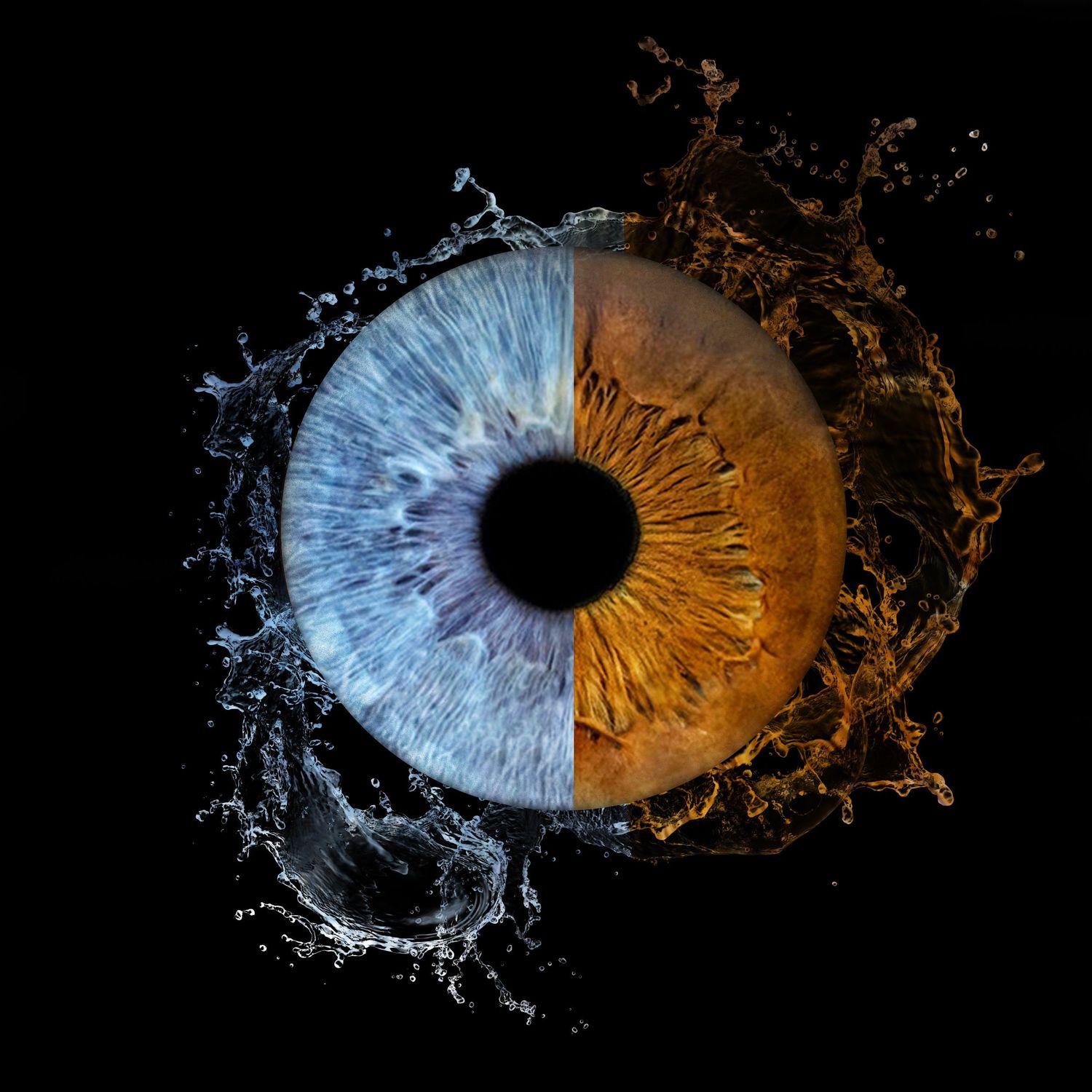 Single human eye split between blue and amber iris with dramatic water and fire splashes on black background.