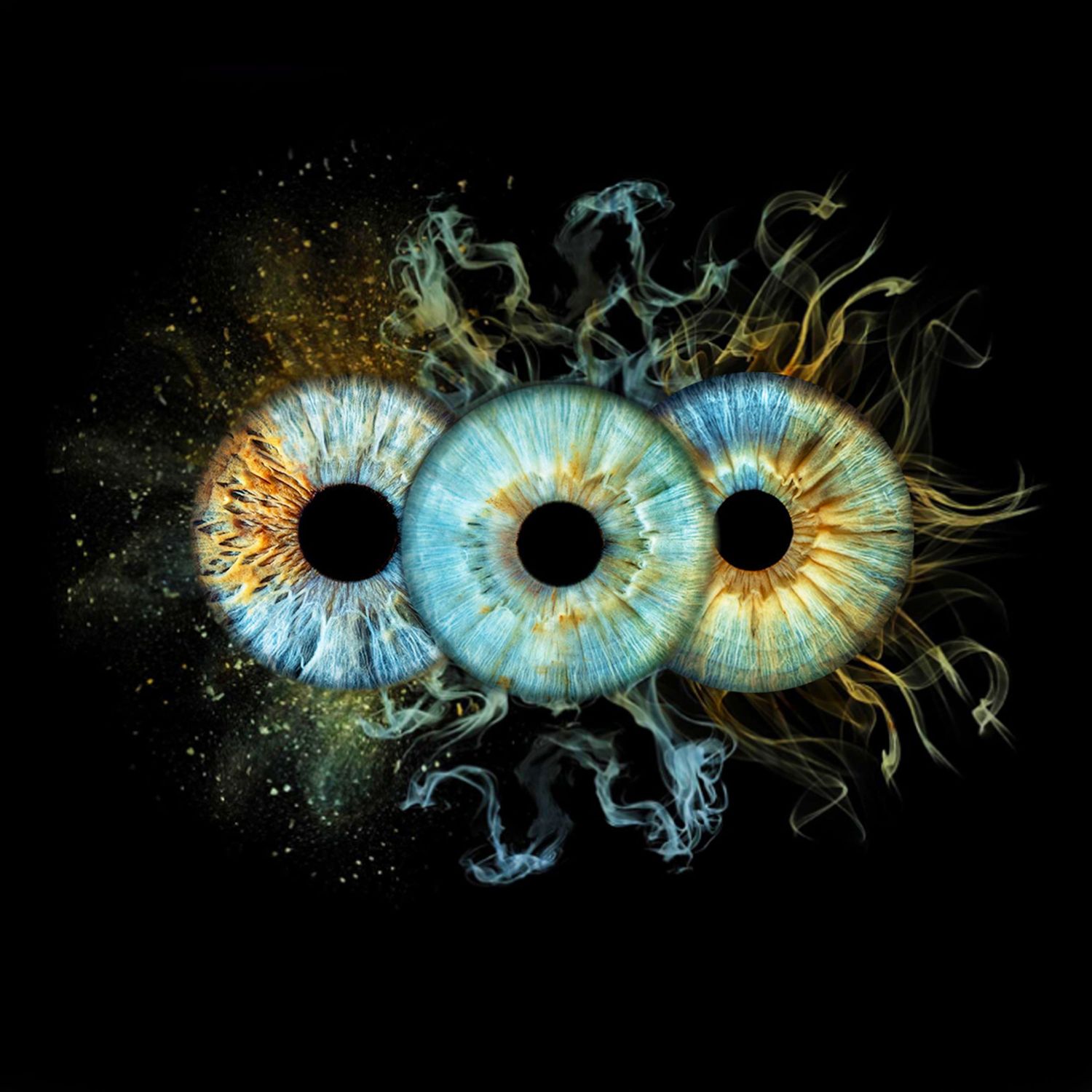 Three blue and gold human eyes with smoky wisps and golden particles on dark background.