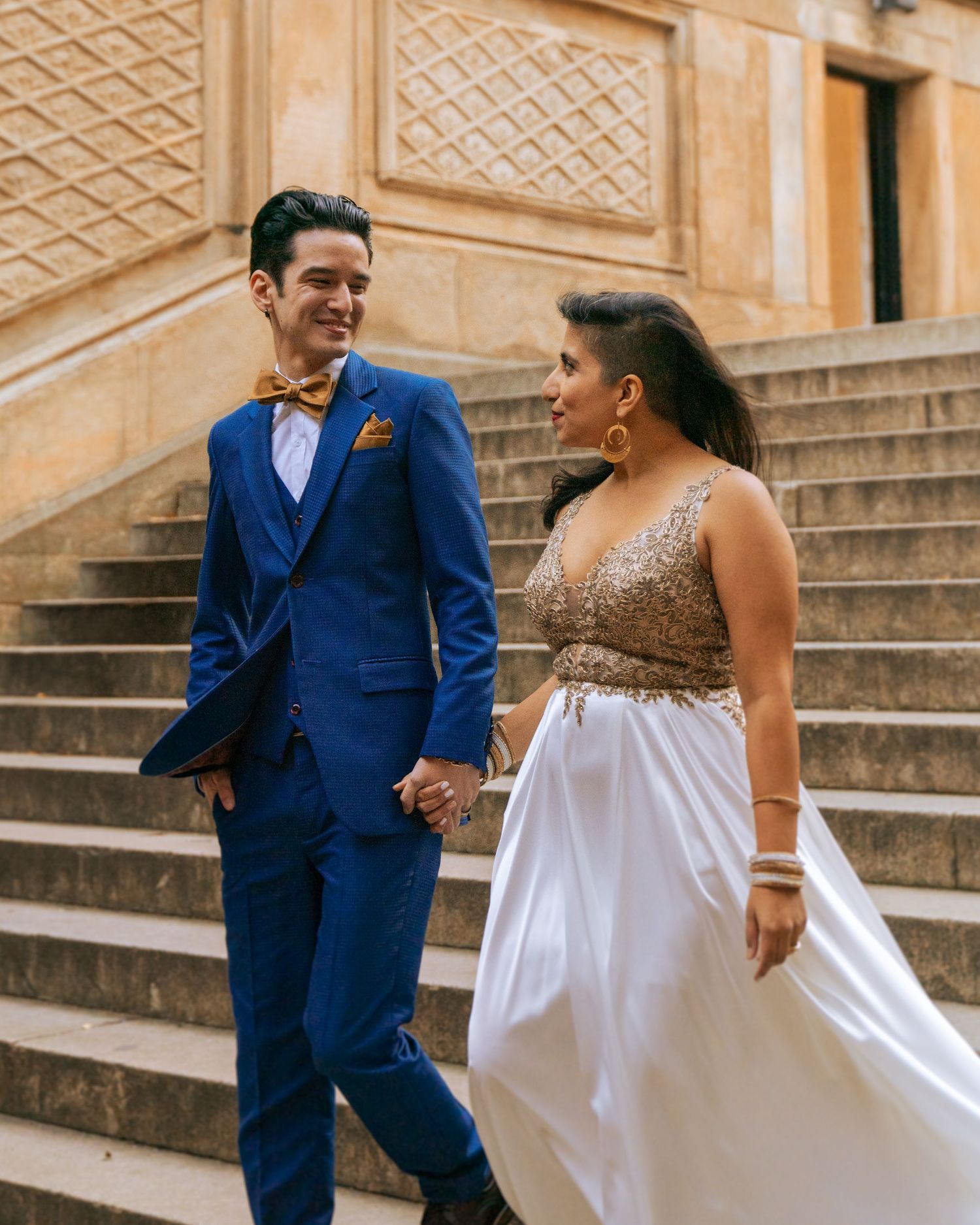 Couple on stairs in central park - Elopement photography.