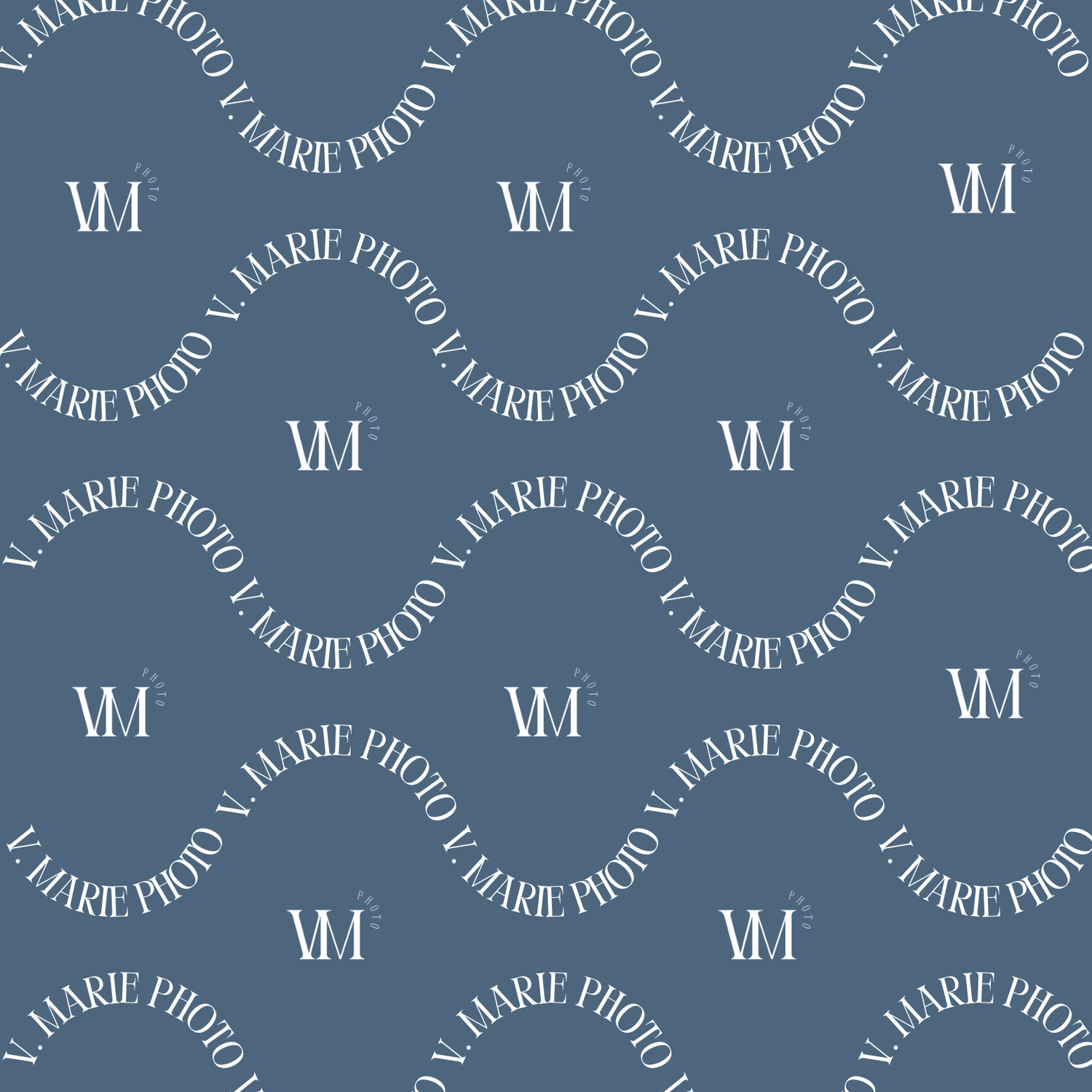 Repeating curved text pattern in white on dark blue background with MJ monogram.
