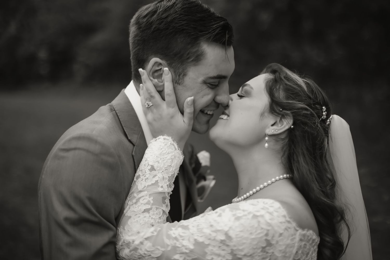Black and white wedding photo collage showing romantic moments between newlyweds during their special day.