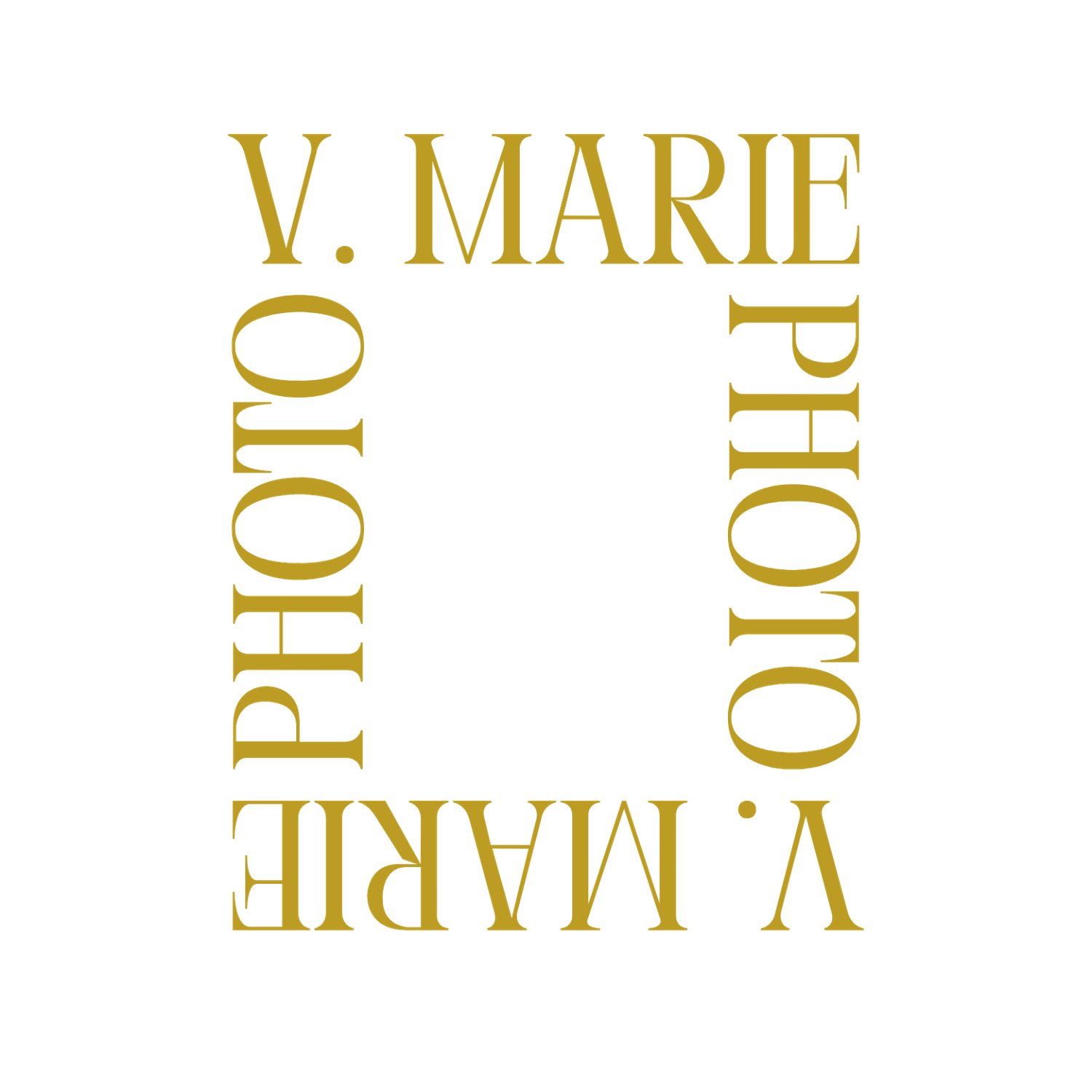 Gold text reading 'V. MARIE PHOTO' arranged in a square layout against a white background.