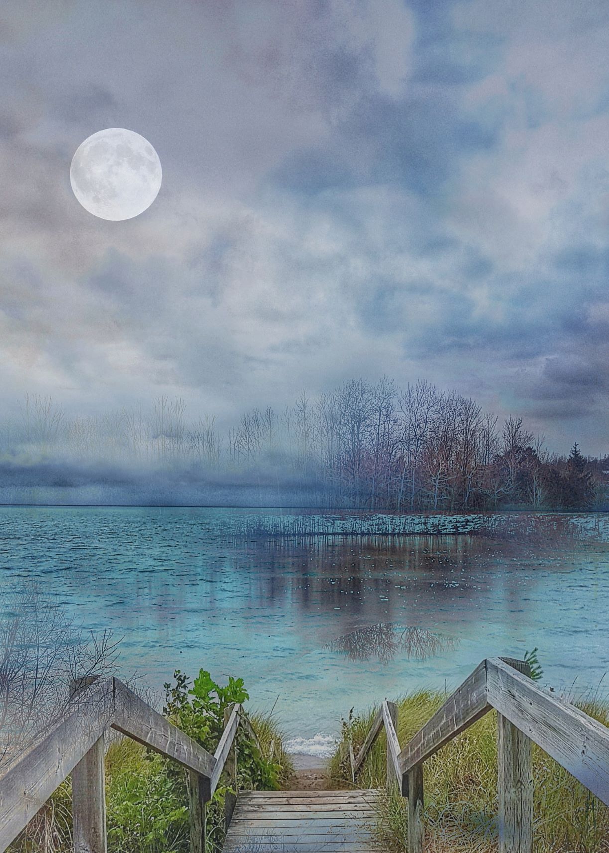 A composite image of a boardwalk leading to a lake with a forest in the distance and a full moon in the upper left.