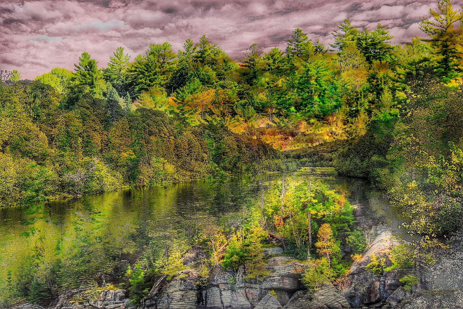 A composite image showing a river flowing through a vibrant green landscape below a mauve and gray sky.
