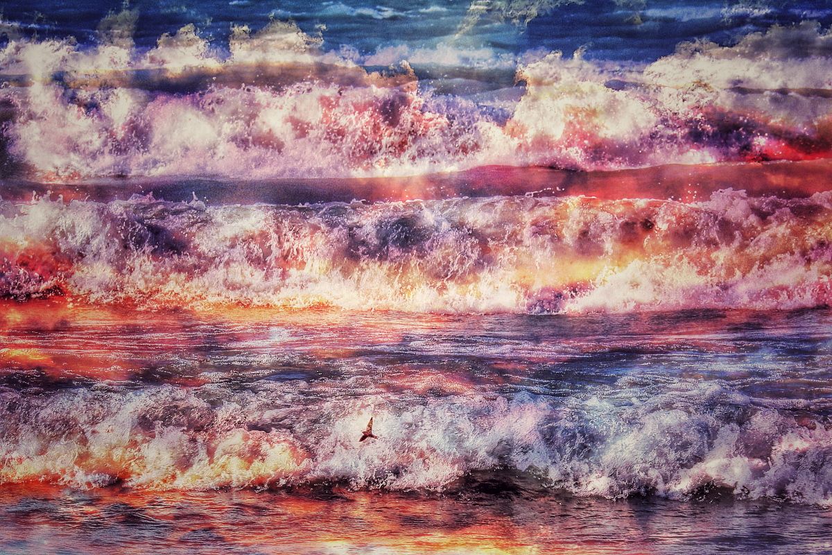 A composite image of blue, red, purple and white waves with one bird flying across the bottom of the image.