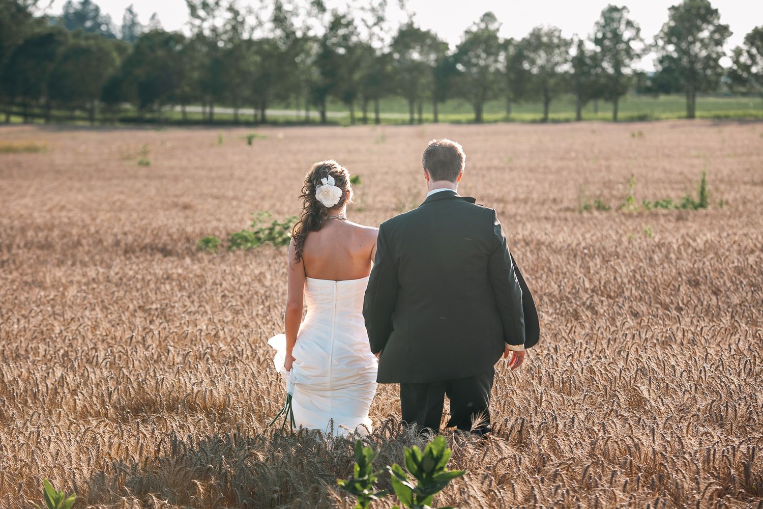 A couple walks together through a golden wheat field with pine trees visible in the distance.