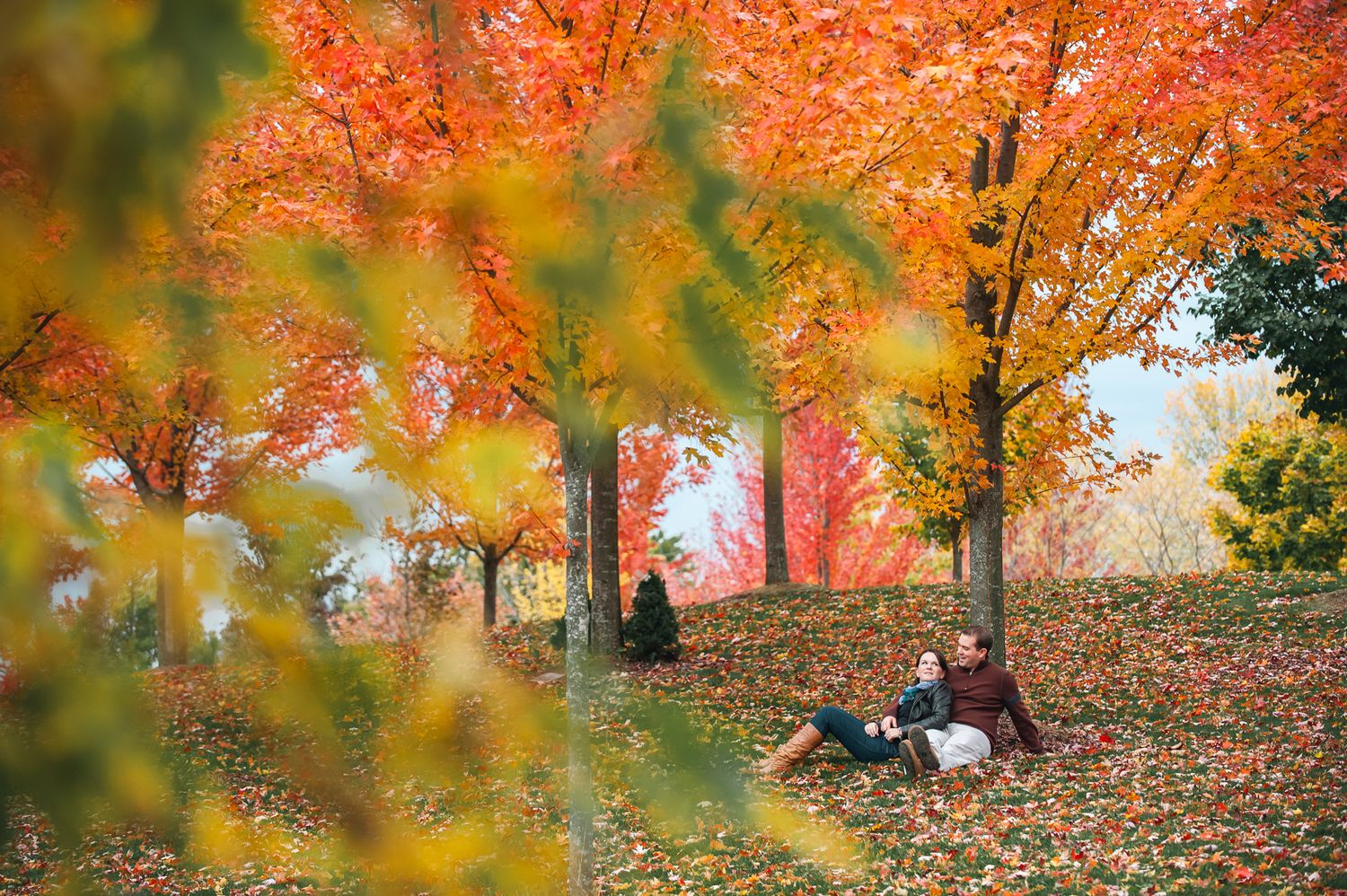 A couple relaxes on fallen leaves beneath vibrant orange autumn maple trees in a peaceful park setting.