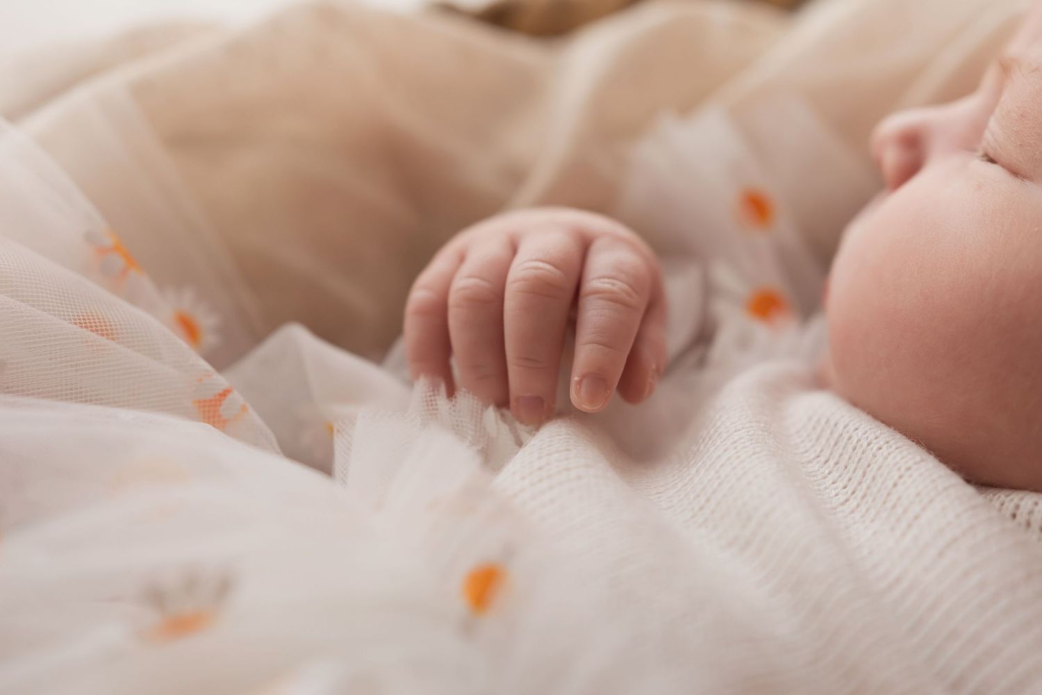 Close-up of a sleeping newborn baby's tiny hand resting on a white floral tulle fabric.