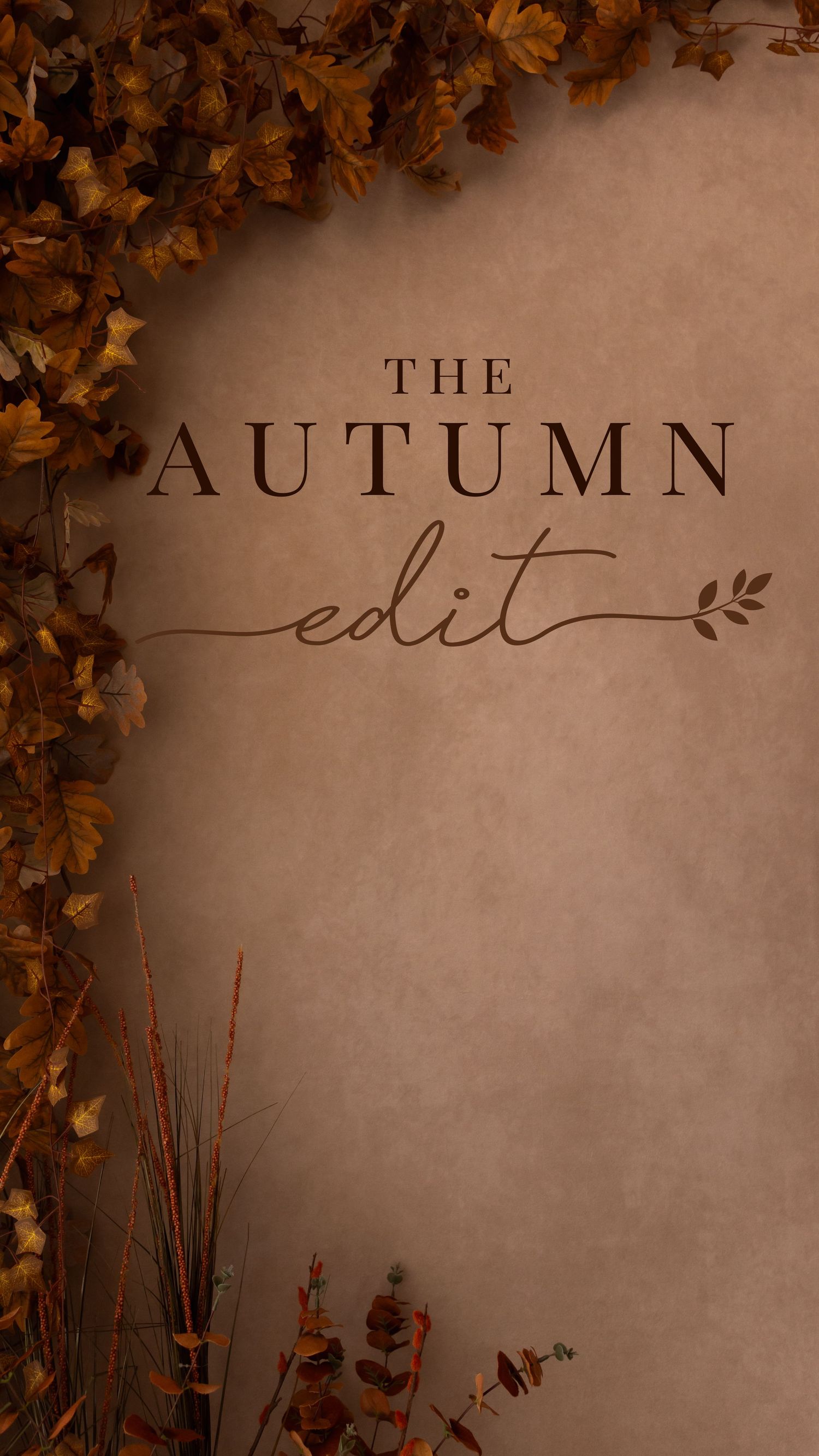 Autumn edit promotional image with fall leaves, warm brown tones, and elegant serif typography on textured background.