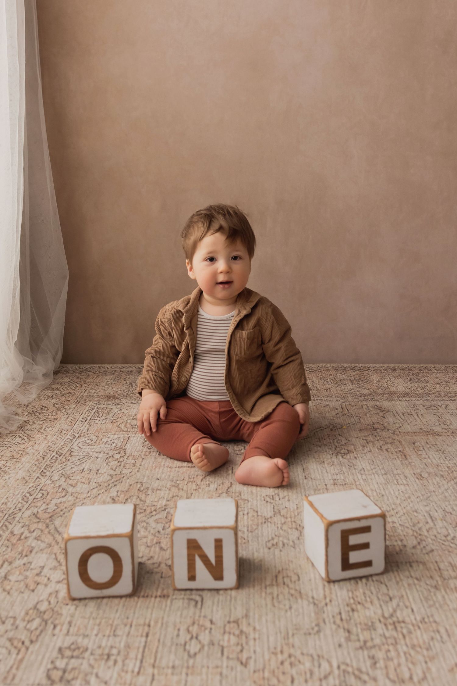 Toddler in brown outfit sits on rug with wooden ONE blocks for first birthday photo session.