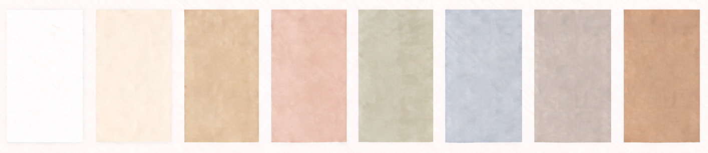 A collection of eight soft pastel color swatches ranging from white to blush pink, sage green, lavender, and warm beige tones.