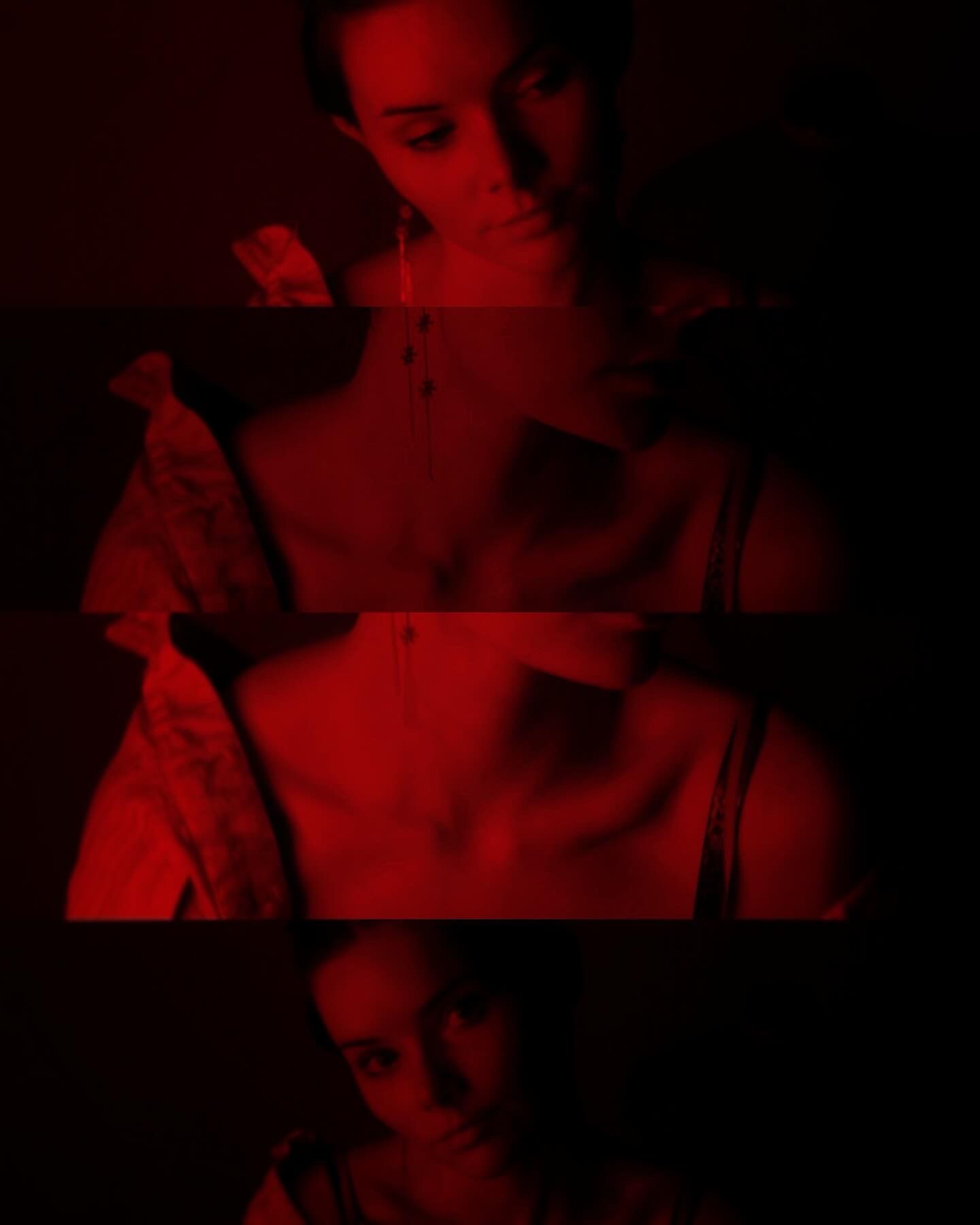 A dramatic red-lit collage of a woman in black lingerie posed in three panels with moody, artistic photography.