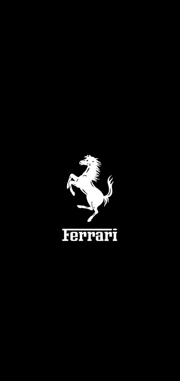 Ferrari's iconic prancing horse logo in white on black background.