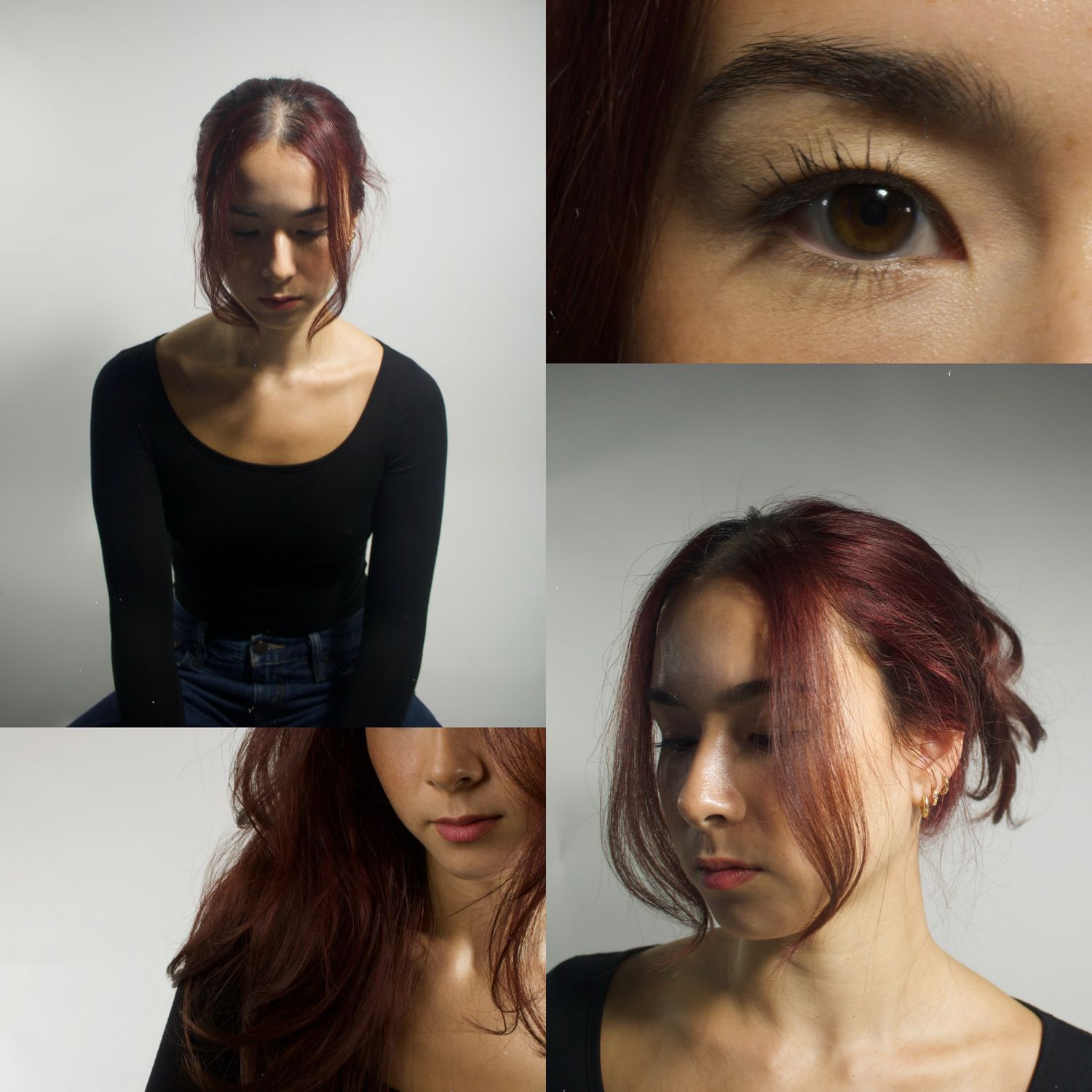 Artistic photo collage showing different angles and close-up details of a person in natural lighting.