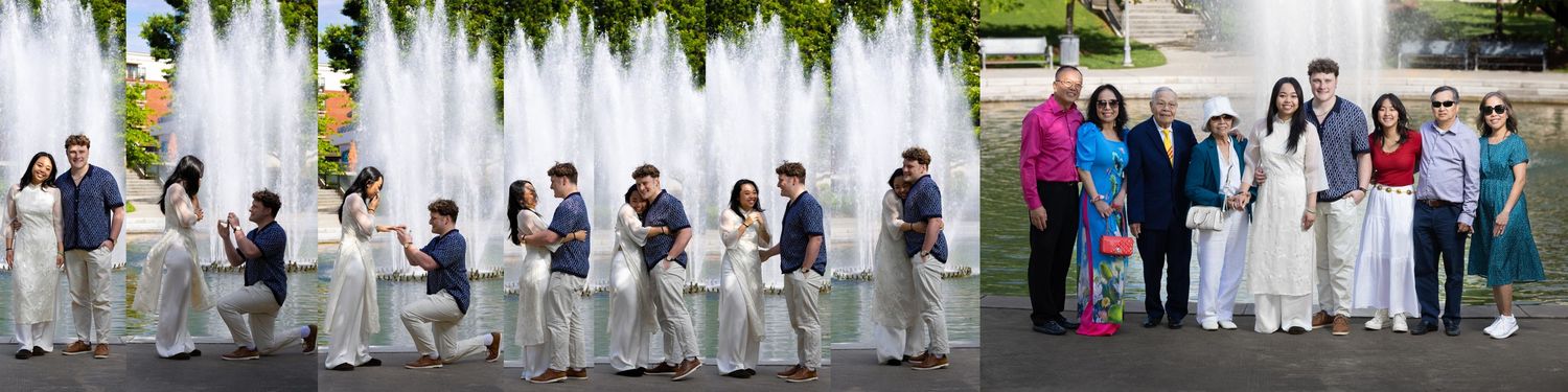 Two wedding party groups pose outdoors, one with bridesmaids in cream dresses and another with guests smiling at camera.