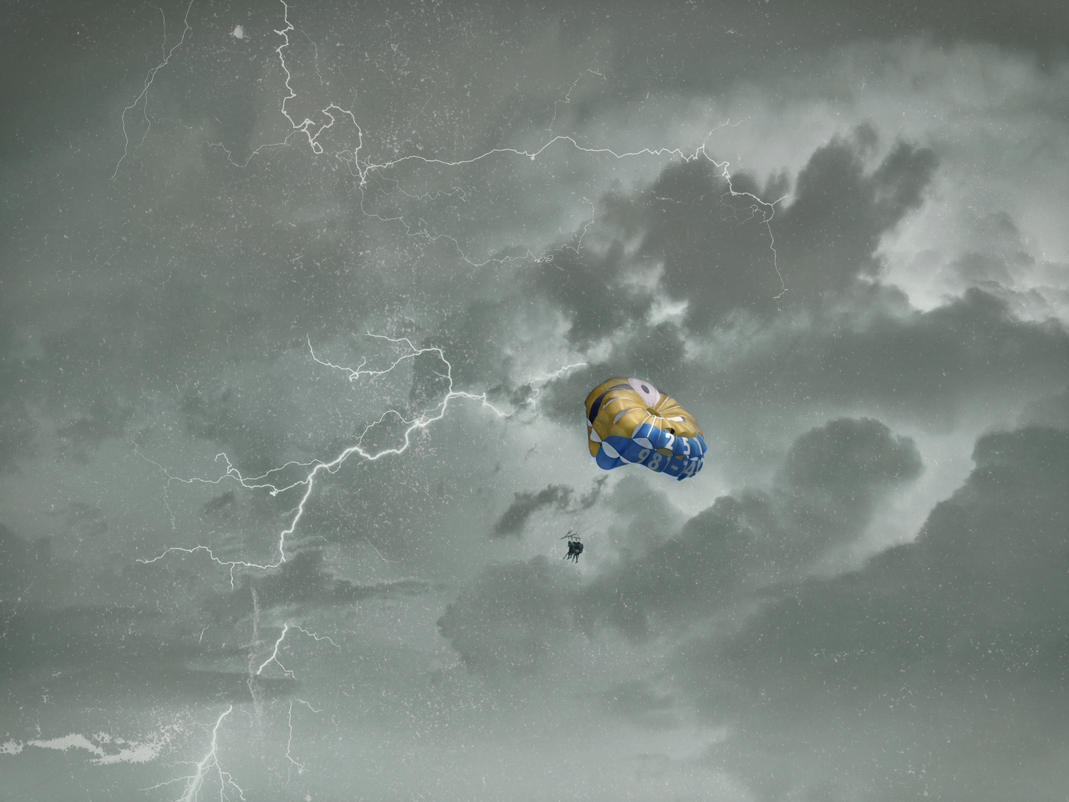 A paraglider soaring through a dramatic stormy sky with lightning bolts and dark storm clouds.
