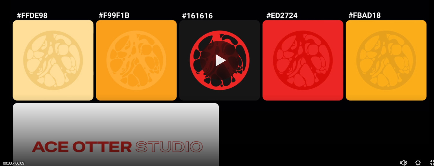 Color palette showcase featuring five warm tones from golden yellow to deep red, displayed as circular emblems by Ace Otter Studio.